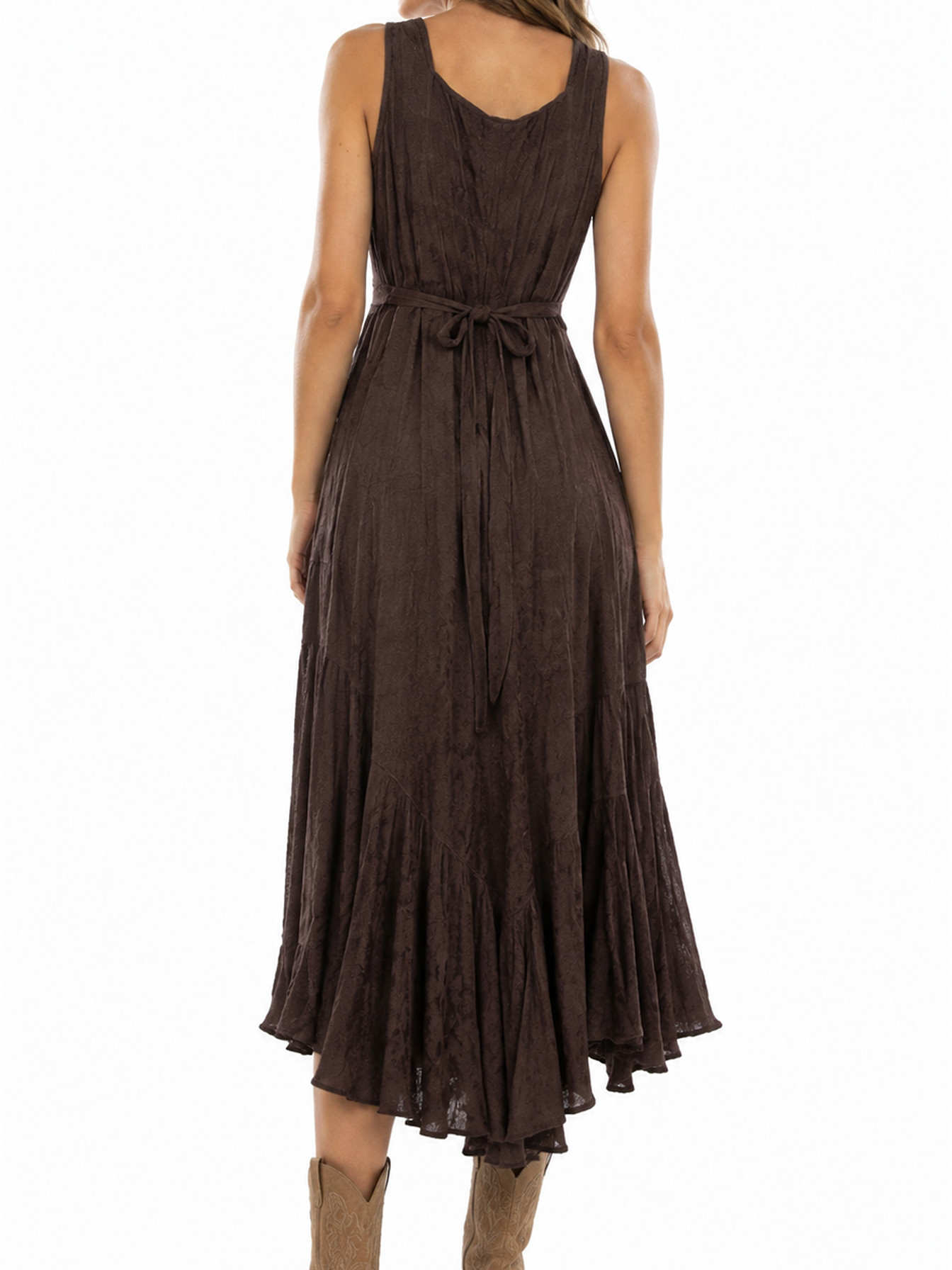Chocolate Full Length Lace-Up Front Sleeveless Dress by Scully, back view