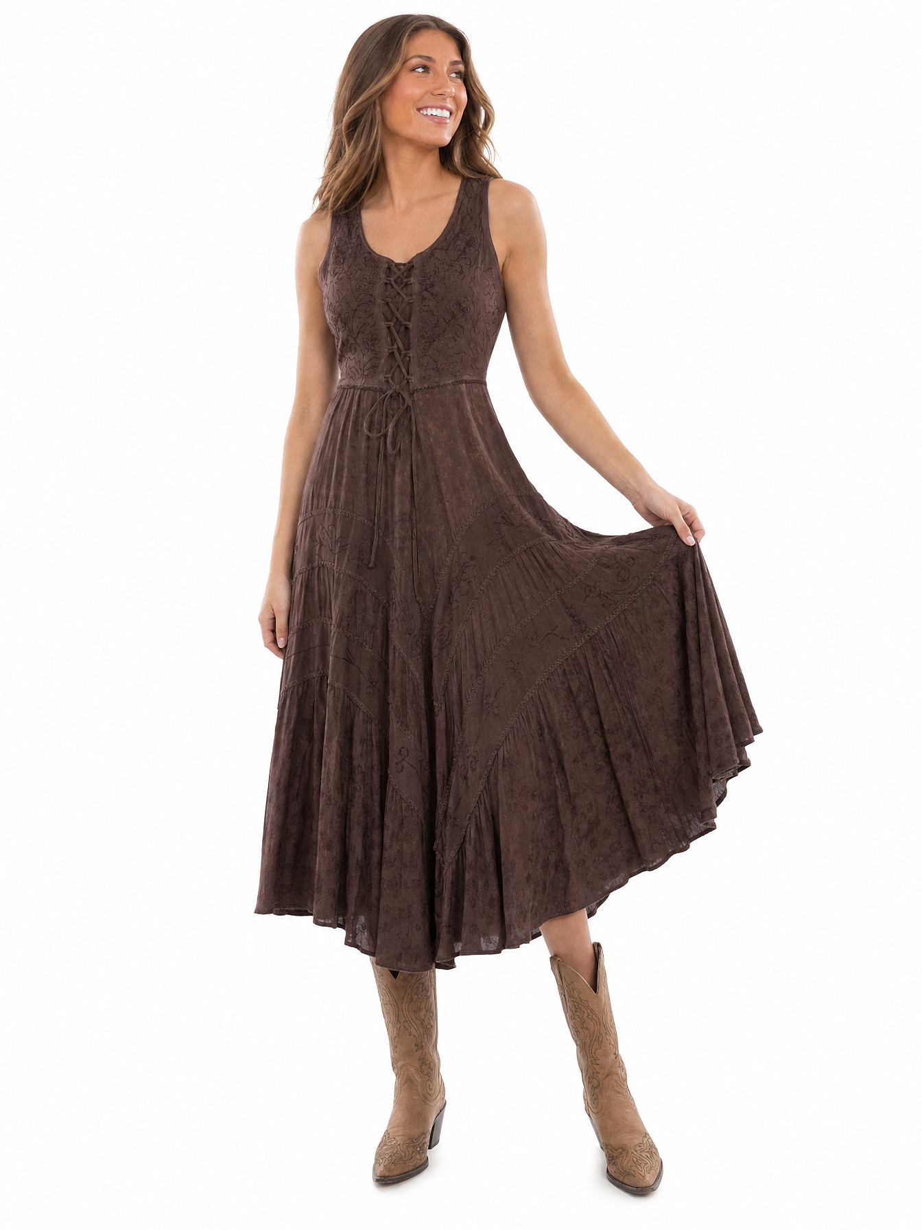 Chocolate Full Length Lace-Up Front Sleeveless Dress by Scully
