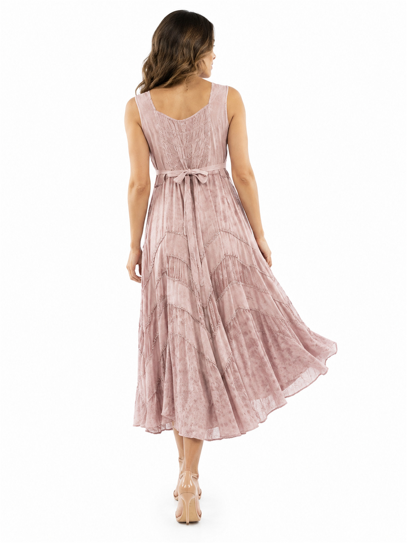 Dusty Pink Full Length Lace-Up Front Sleeveless Dress by Scully, back view