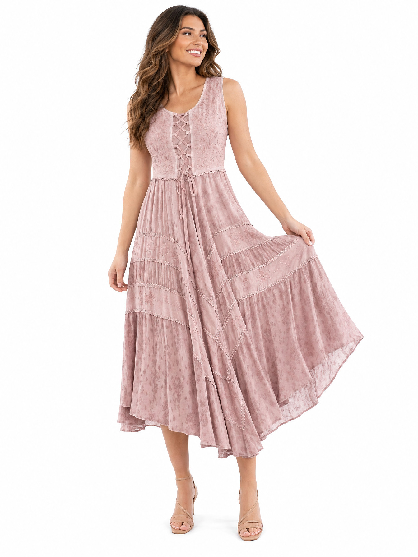 Dusty Pink Full Length Lace-Up Front Sleeveless Dress by Scully