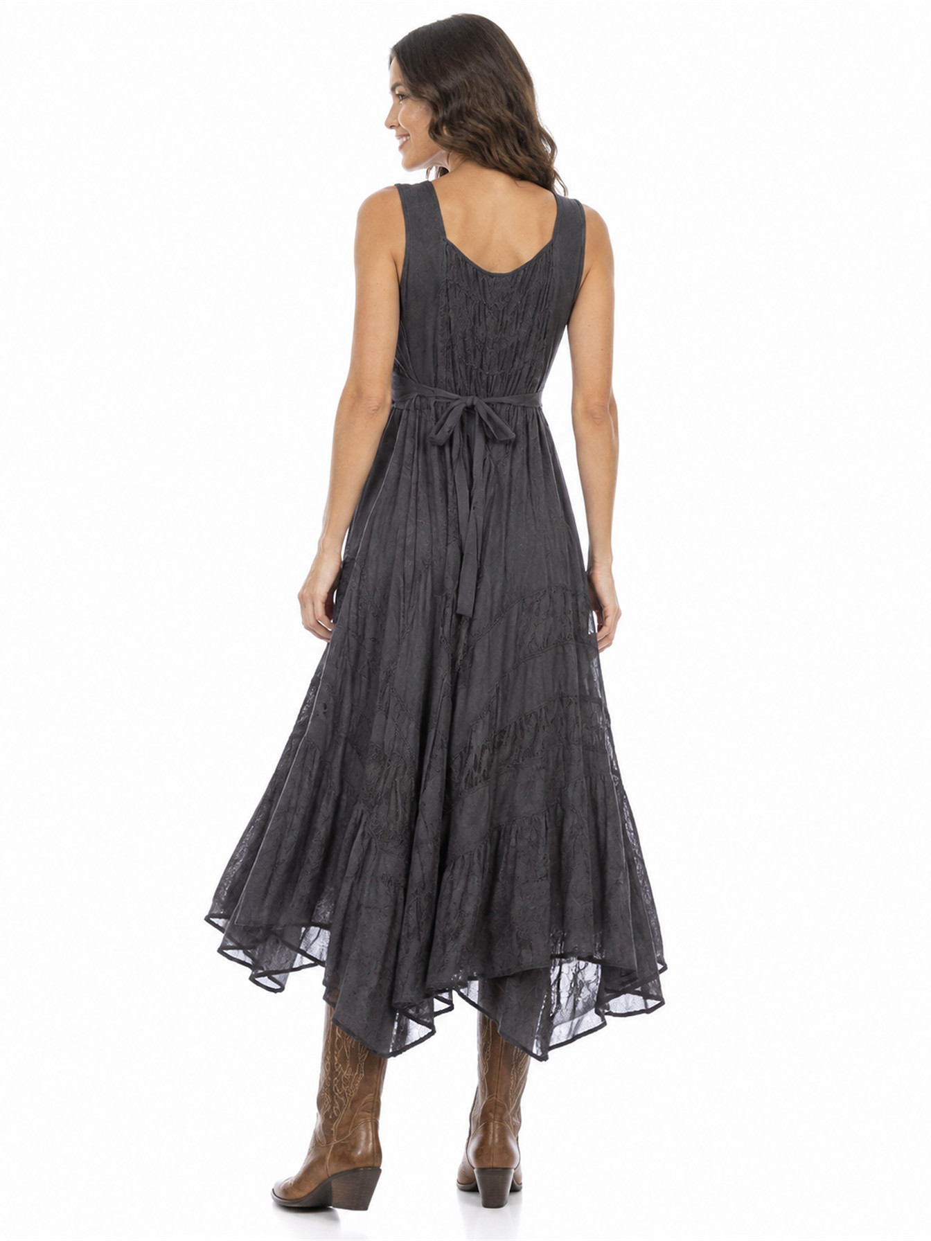 Gun Metal Full Length Lace-Up Front Sleeveless Dress by Scully, back view