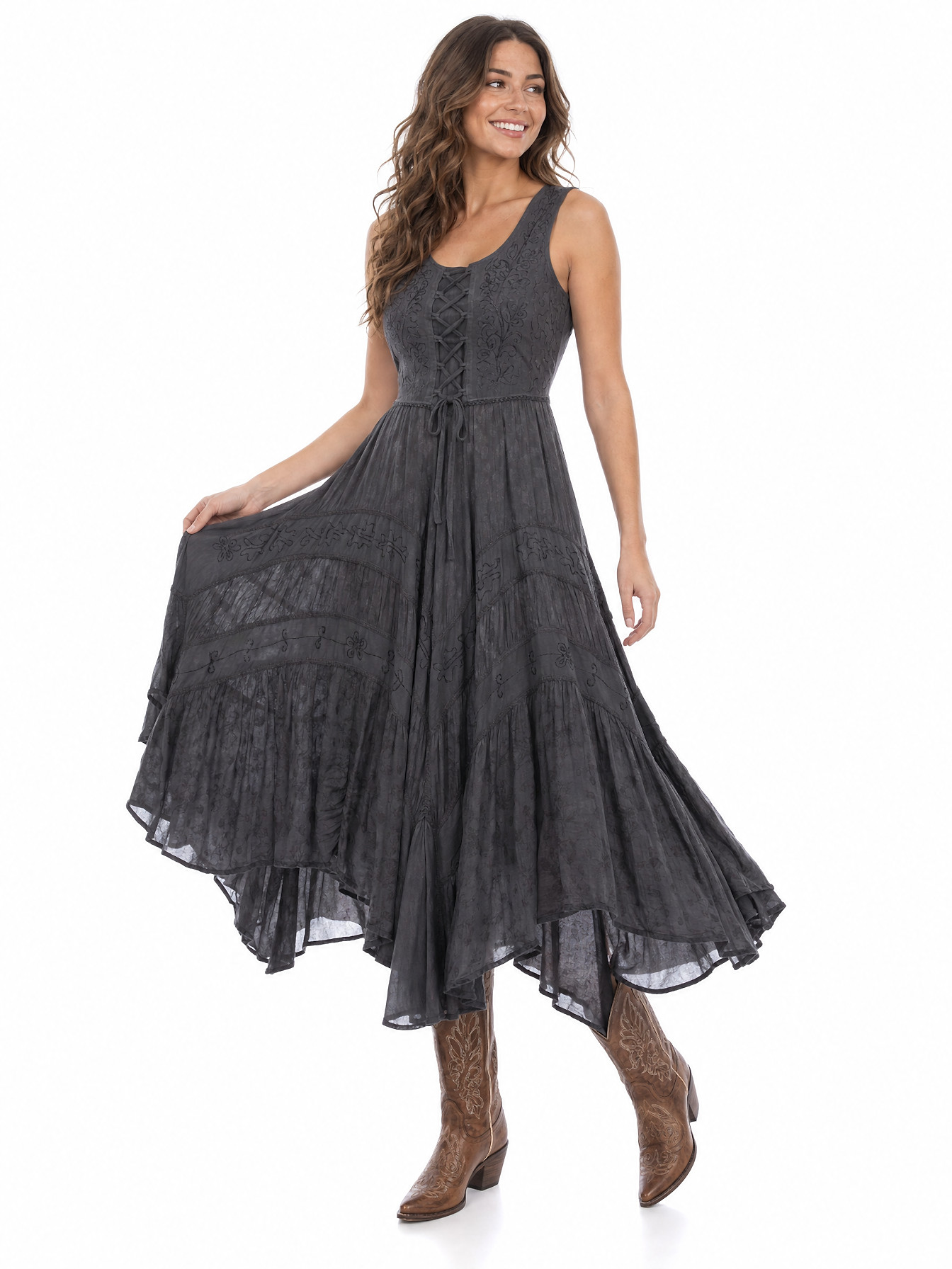 Gun Metal Full Length Lace-Up Front Sleeveless Dress by Scully