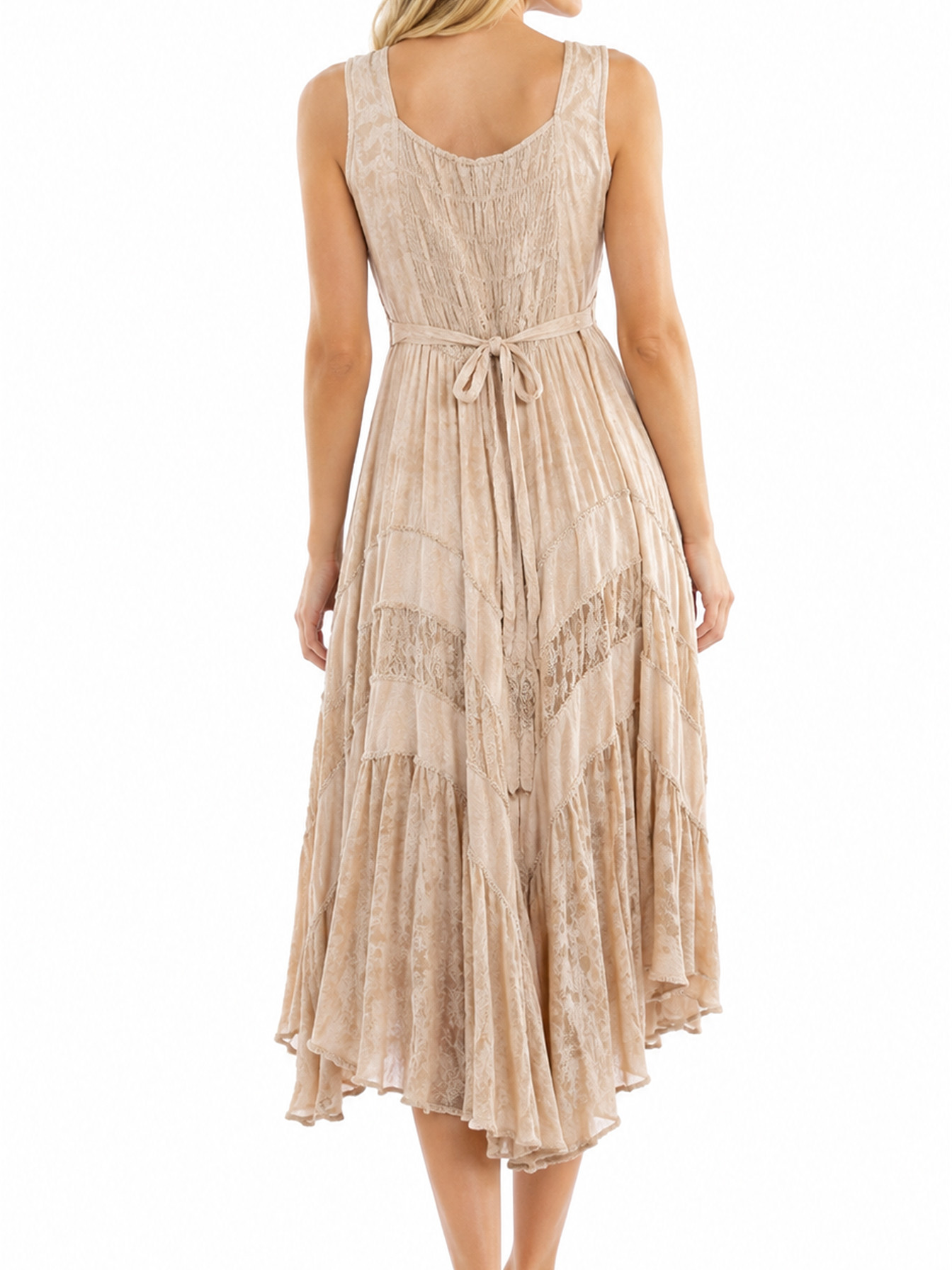 Lt Latte Full Length Lace-Up Front Sleeveless Dress by Scully, back view