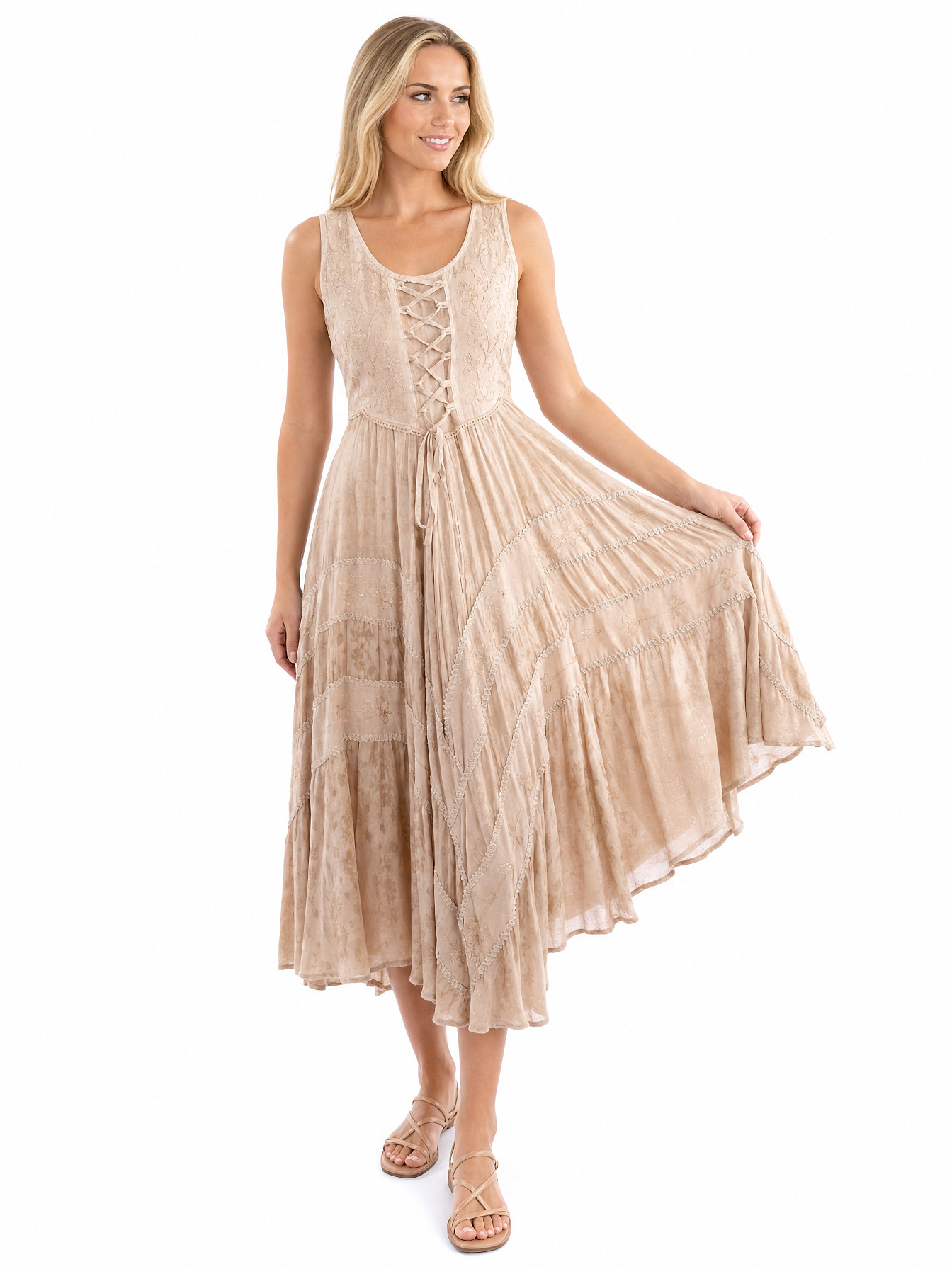 Lt Latte Full Length Lace-Up Front Sleeveless Dress by Scully