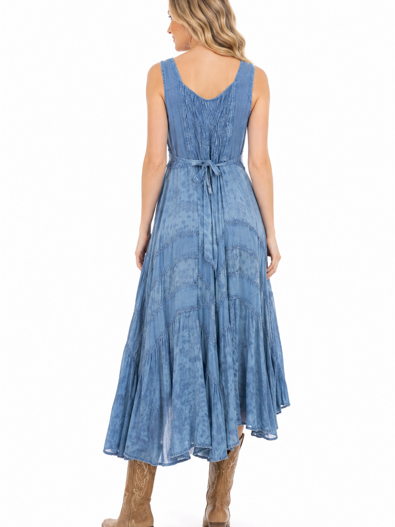 Light Denim Full Length Lace-Up Front Sleeveless Dress by Scully, back view