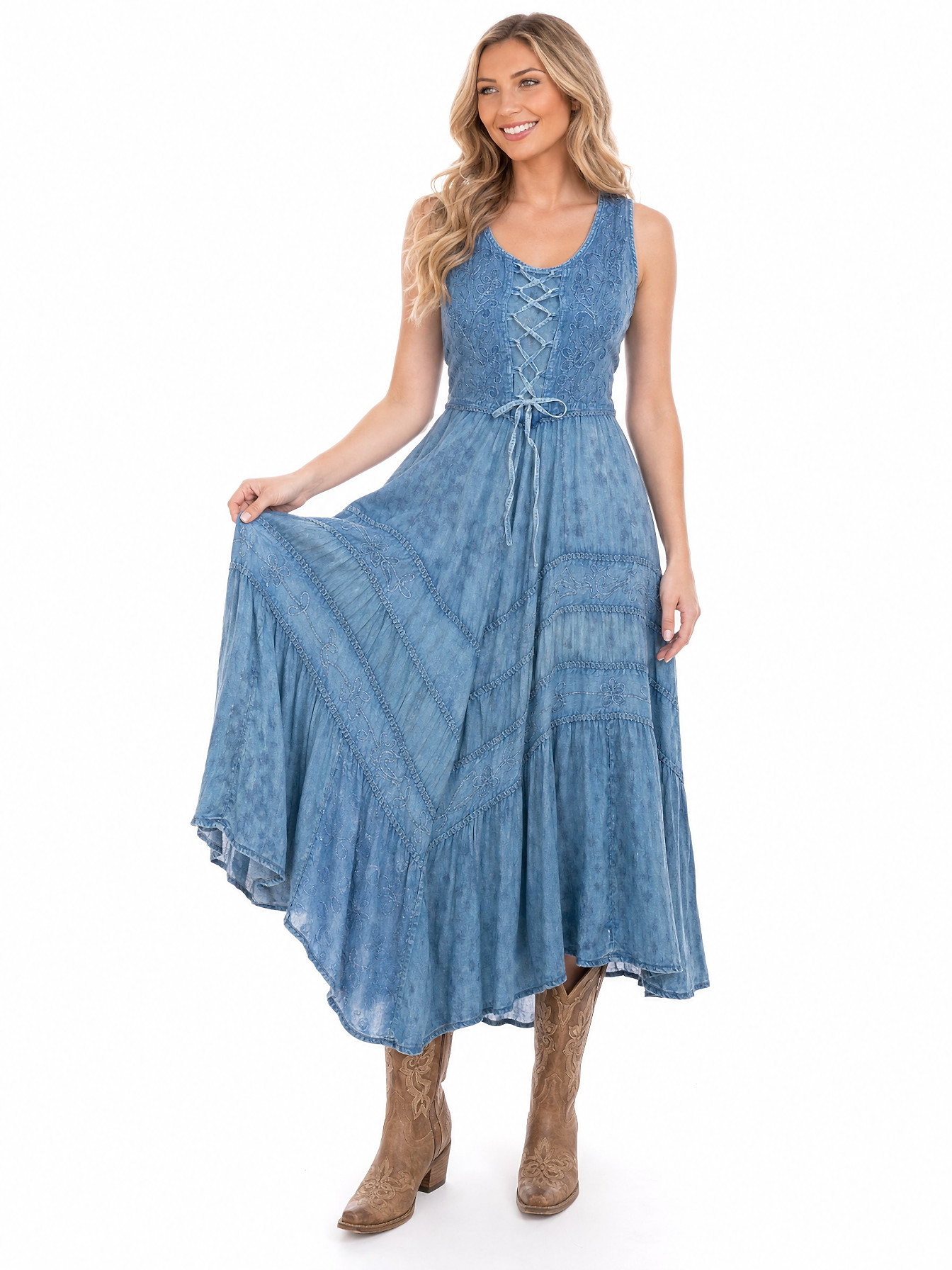 Light Denim Full Length Lace-Up Front Sleeveless Dress by Scully