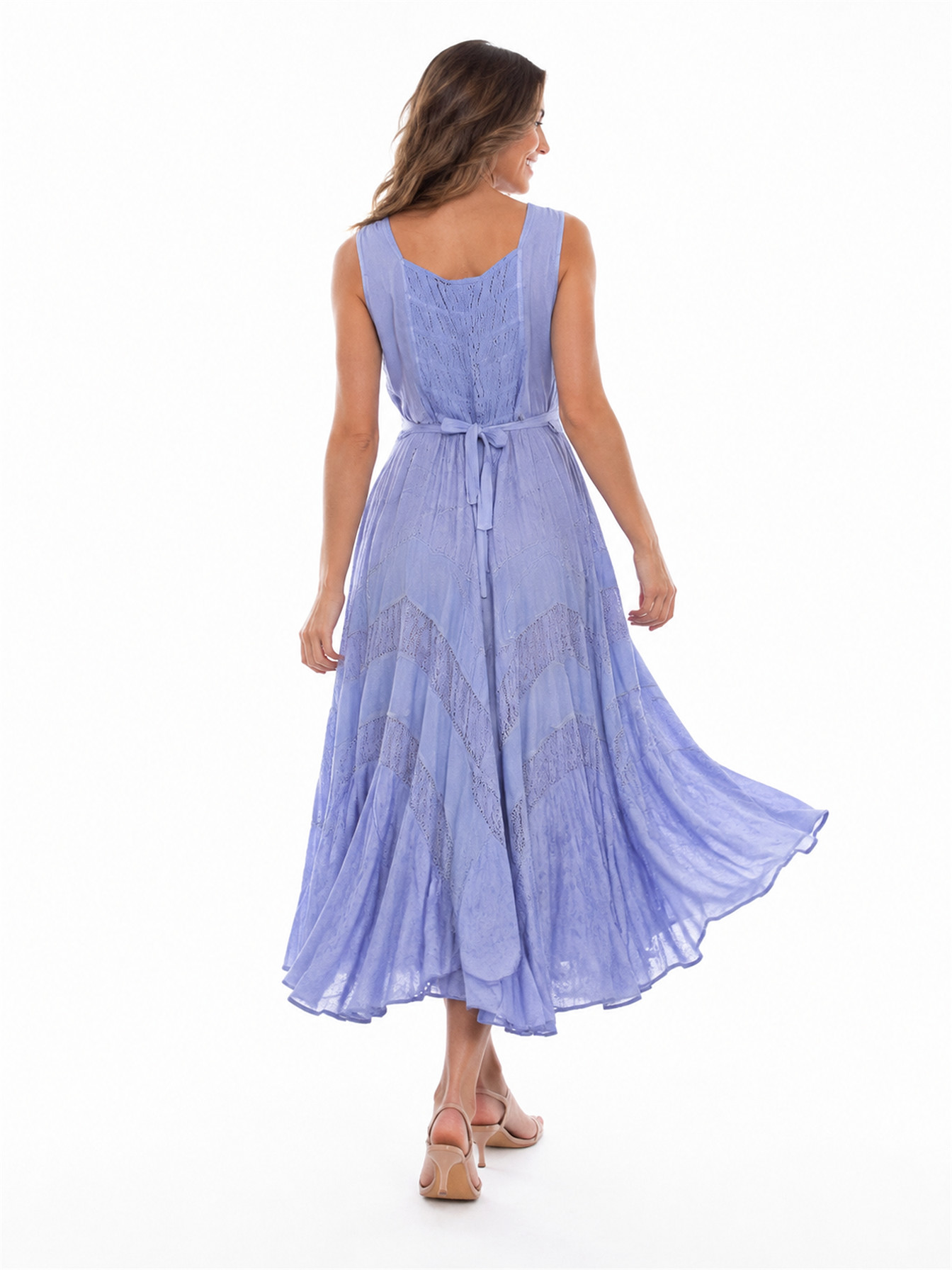 Light Sky Blue Full Length Lace-Up Front Sleeveless Dress by Scully, back view