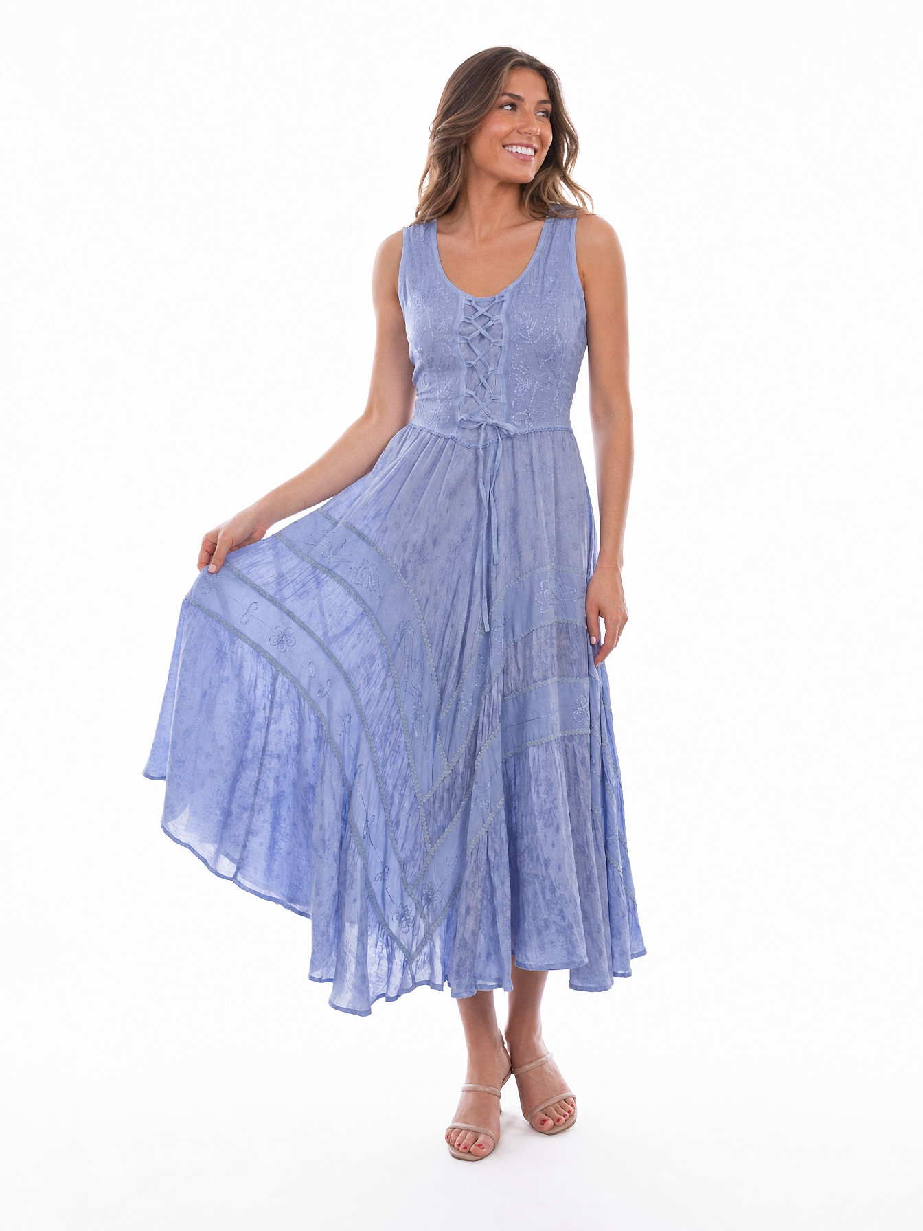 Light Sky Blue Full Length Lace-Up Front Sleeveless Dress by Scully