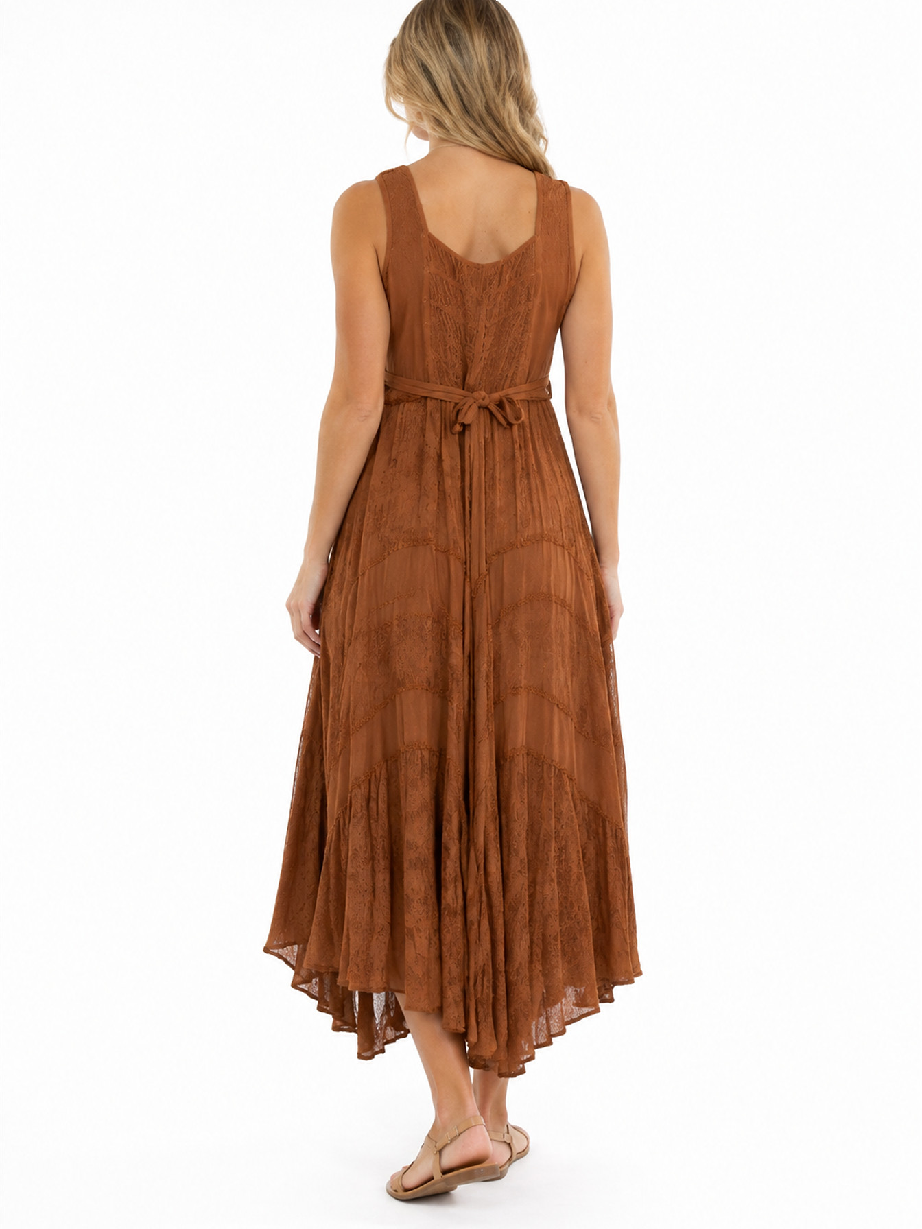 Rust Full Length Lace-Up Front Sleeveless Dress by Scully, back view