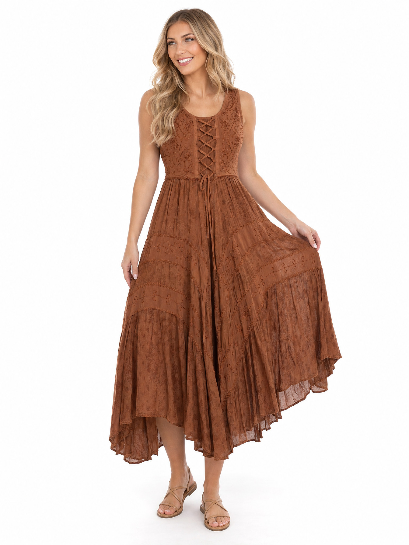 Rust Full Length Lace-Up Front Sleeveless Dress by Scully