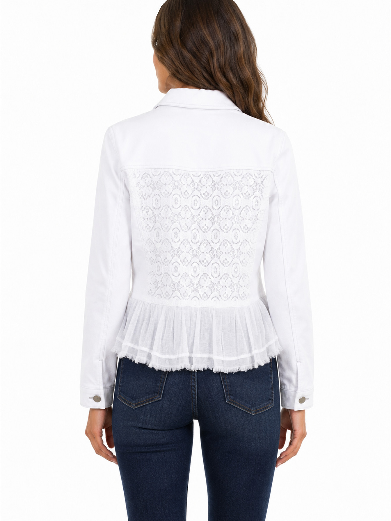 White Lace and Ruffle Peplum Jean Jacket by Scully, back view
