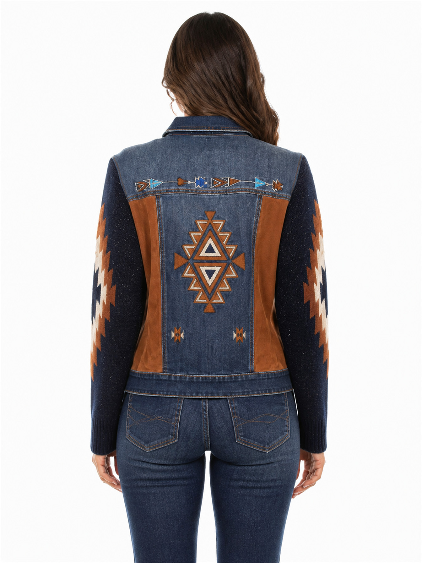 Denim Aztec Embroidered Denim Jacket by Scully, back view