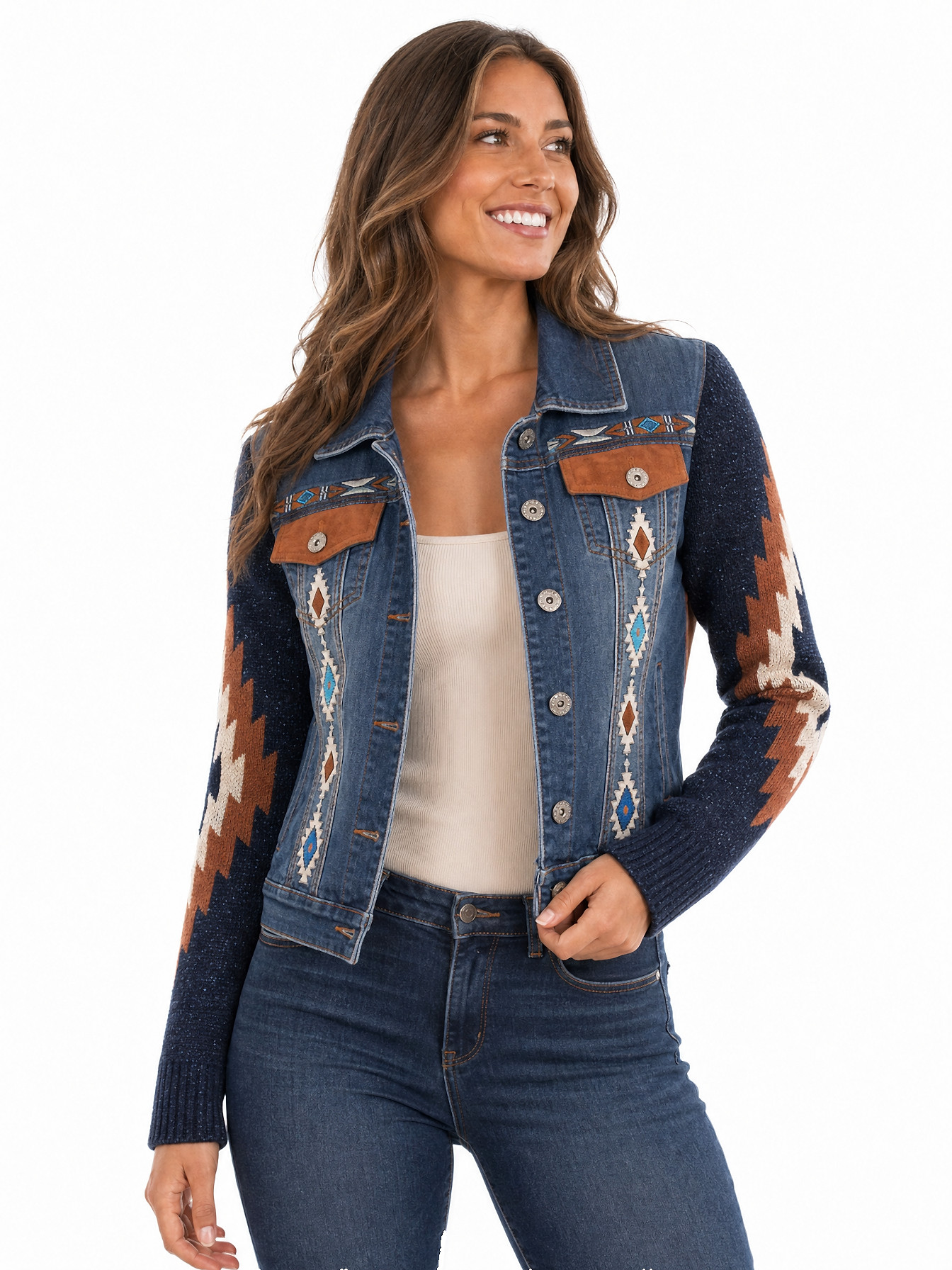 Denim Aztec Embroidered Denim Jacket by Scully