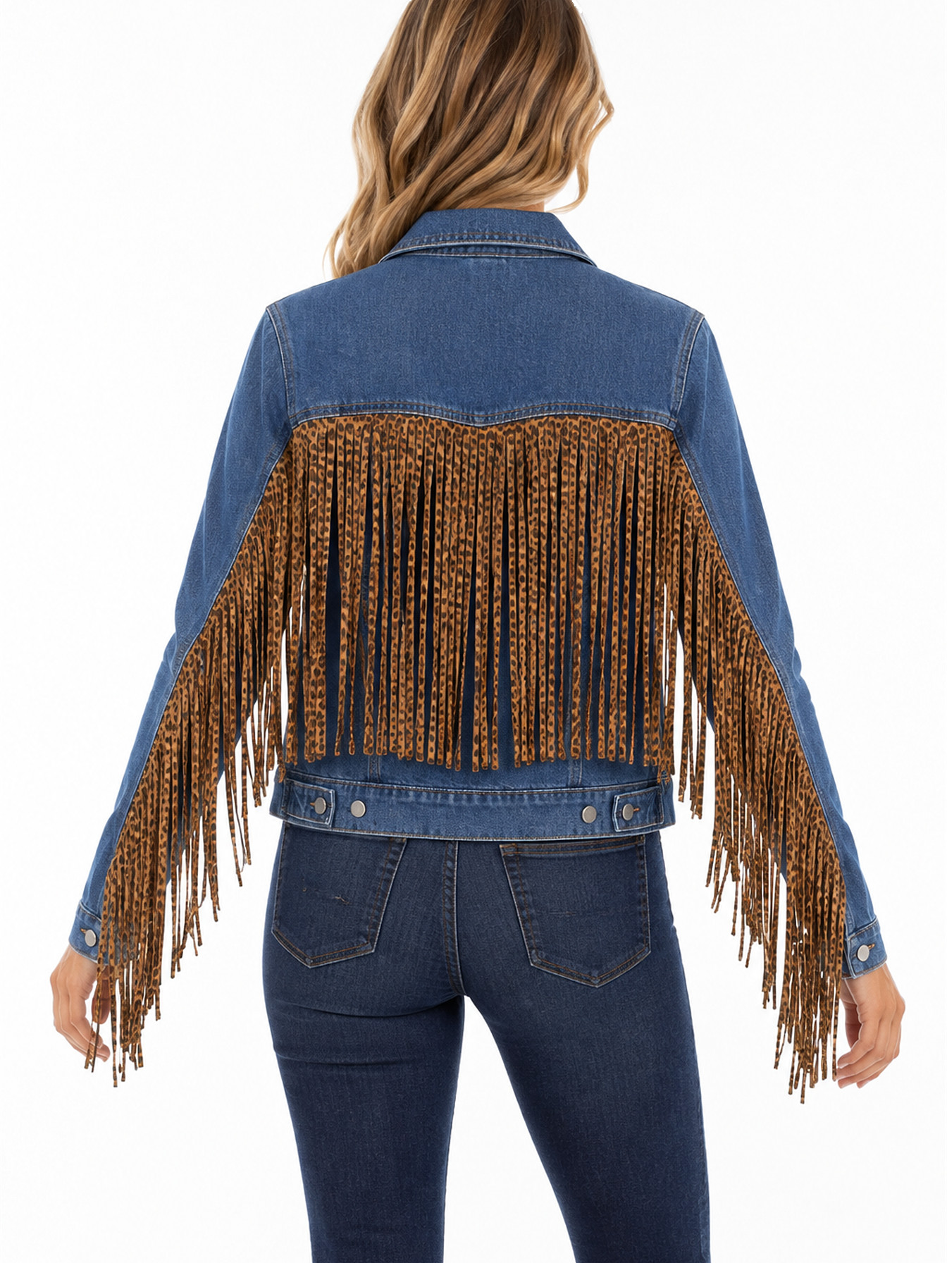 Denim Leopard Fringe Denim Jacket by Scully, back view