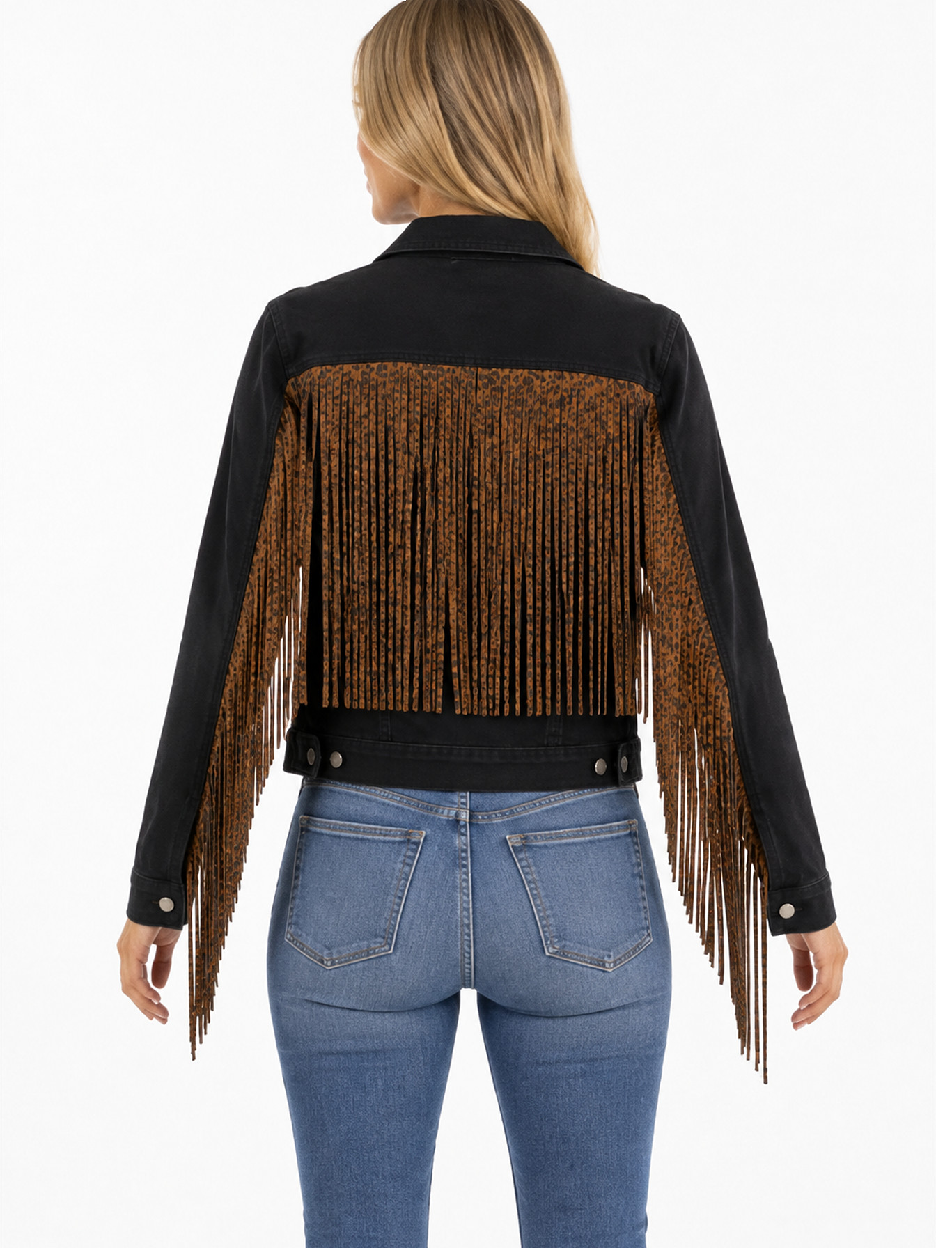 Black Leopard Fringe Denim Jacket by Scully, back view