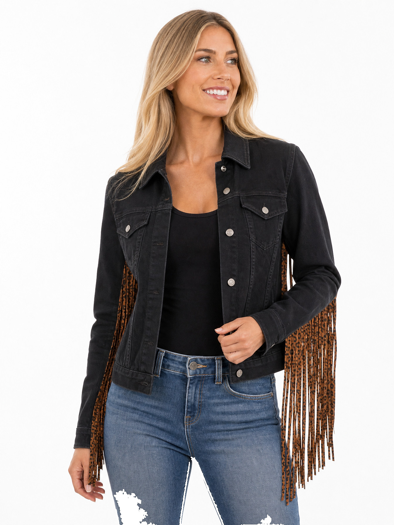 Black Leopard Fringe Denim Jacket by Scully