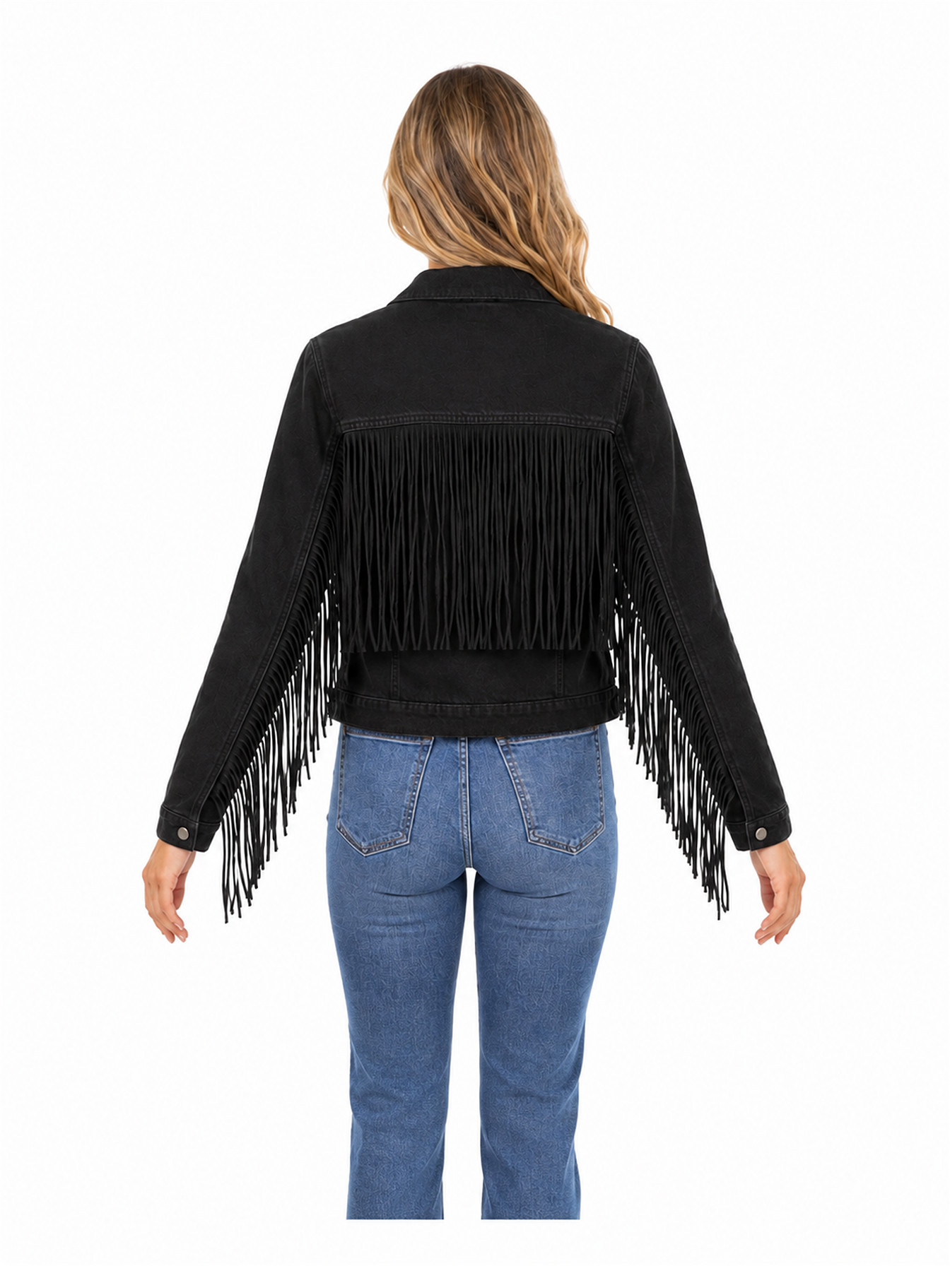 Black Fringe Denim Jacket by Scully, back view