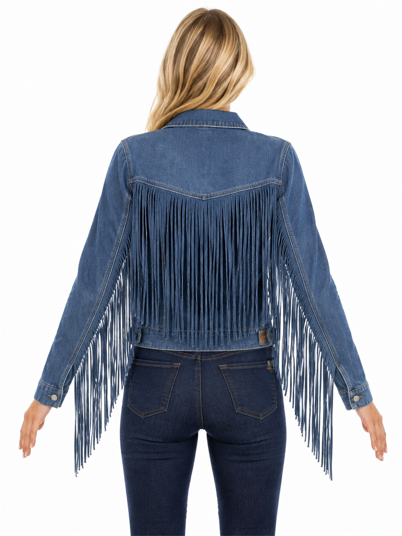 Denim Fringe Denim Jacket by Scully, back view