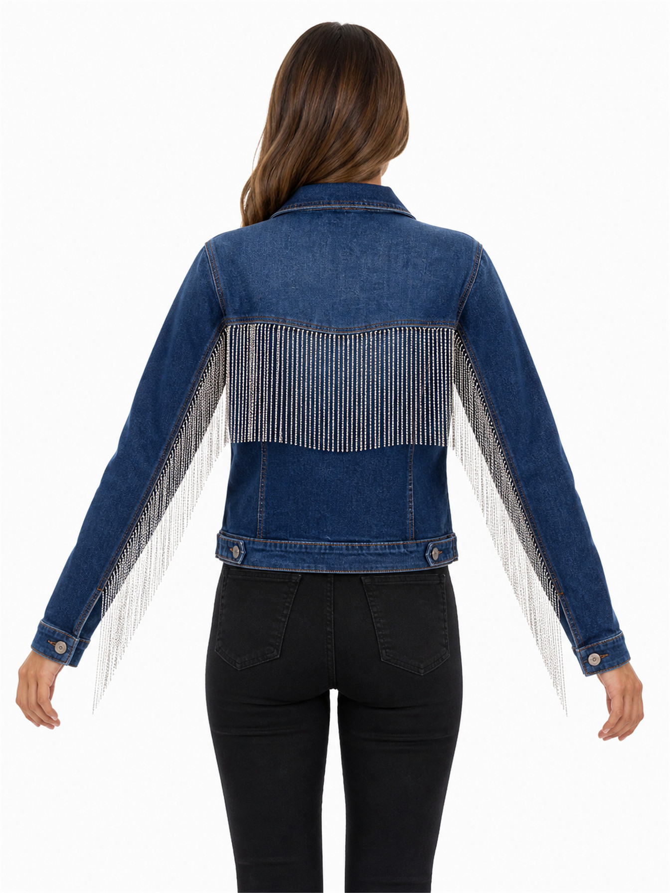 Denim Rhinestone Fringe Denim Jacket by Scully, back view