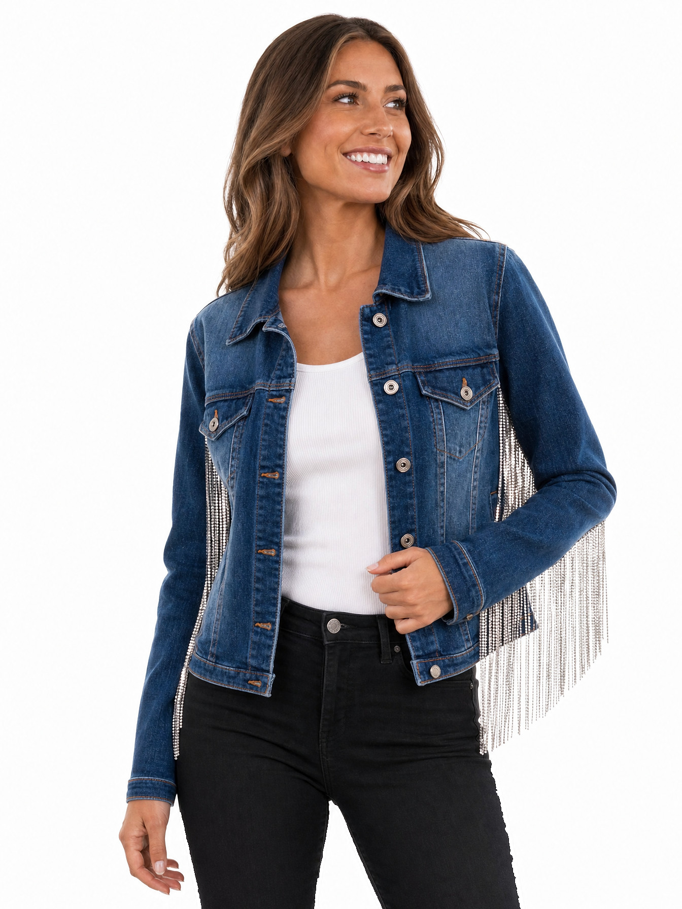 Denim Rhinestone Fringe Denim Jacket by Scully