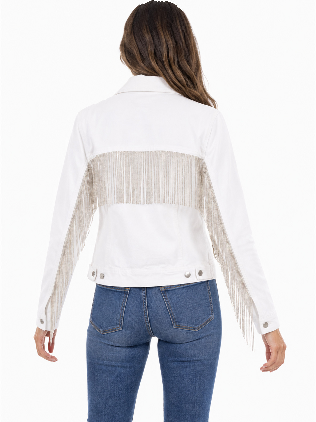 White Rhinestone Fringe Denim Jacket by Scully, back view