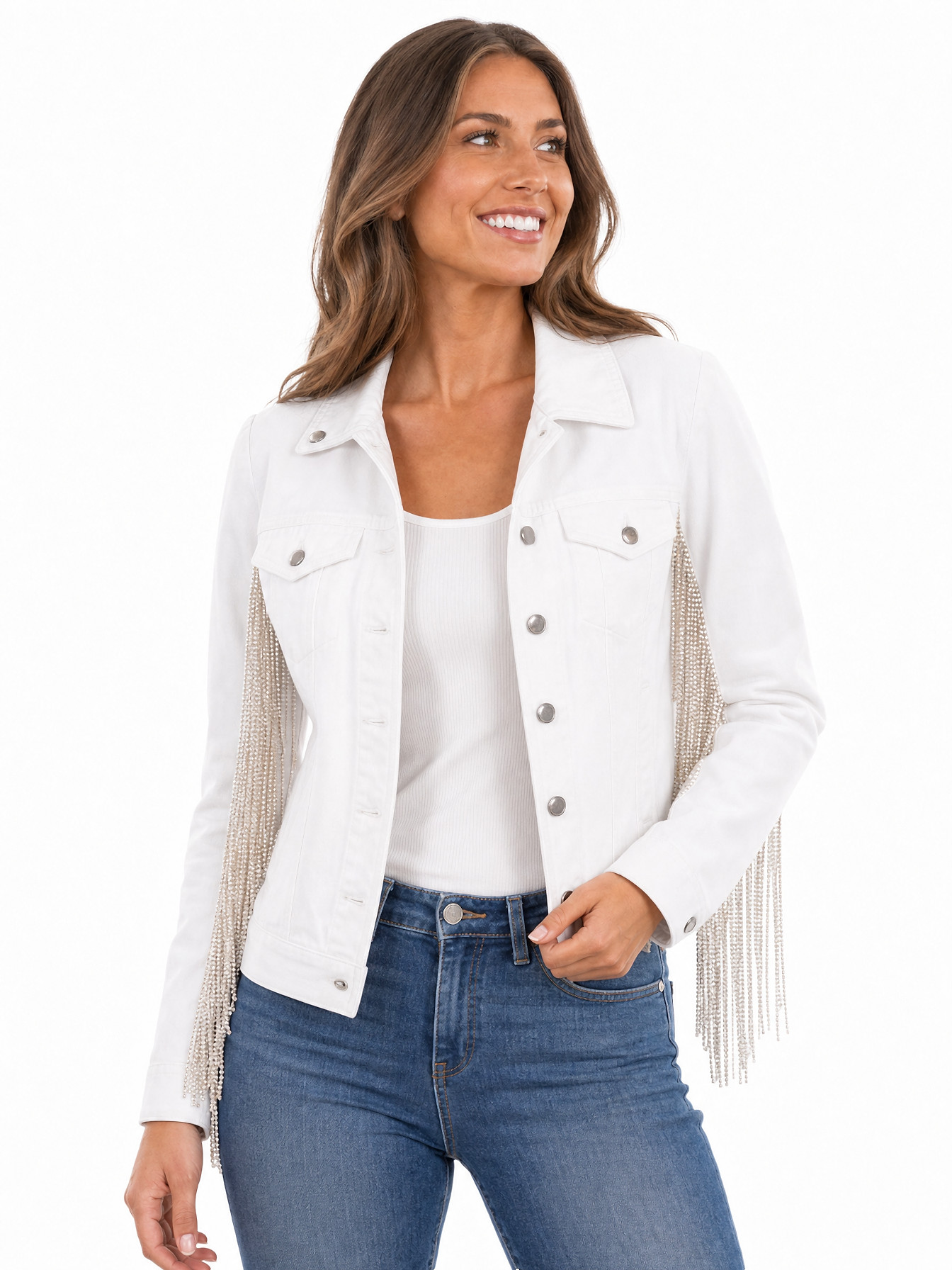 White Rhinestone Fringe Denim Jacket by Scully