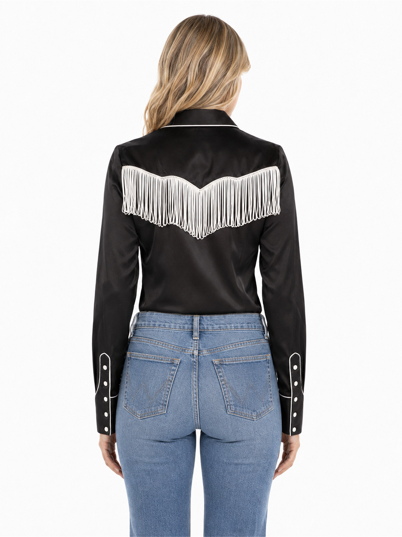Black Retro Western Satin Blouse by Scully, back view