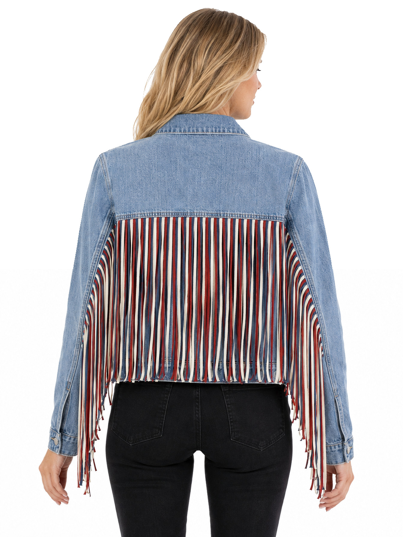 Red White & Blue Americana Denim Fringe Jacket by Scully, back view