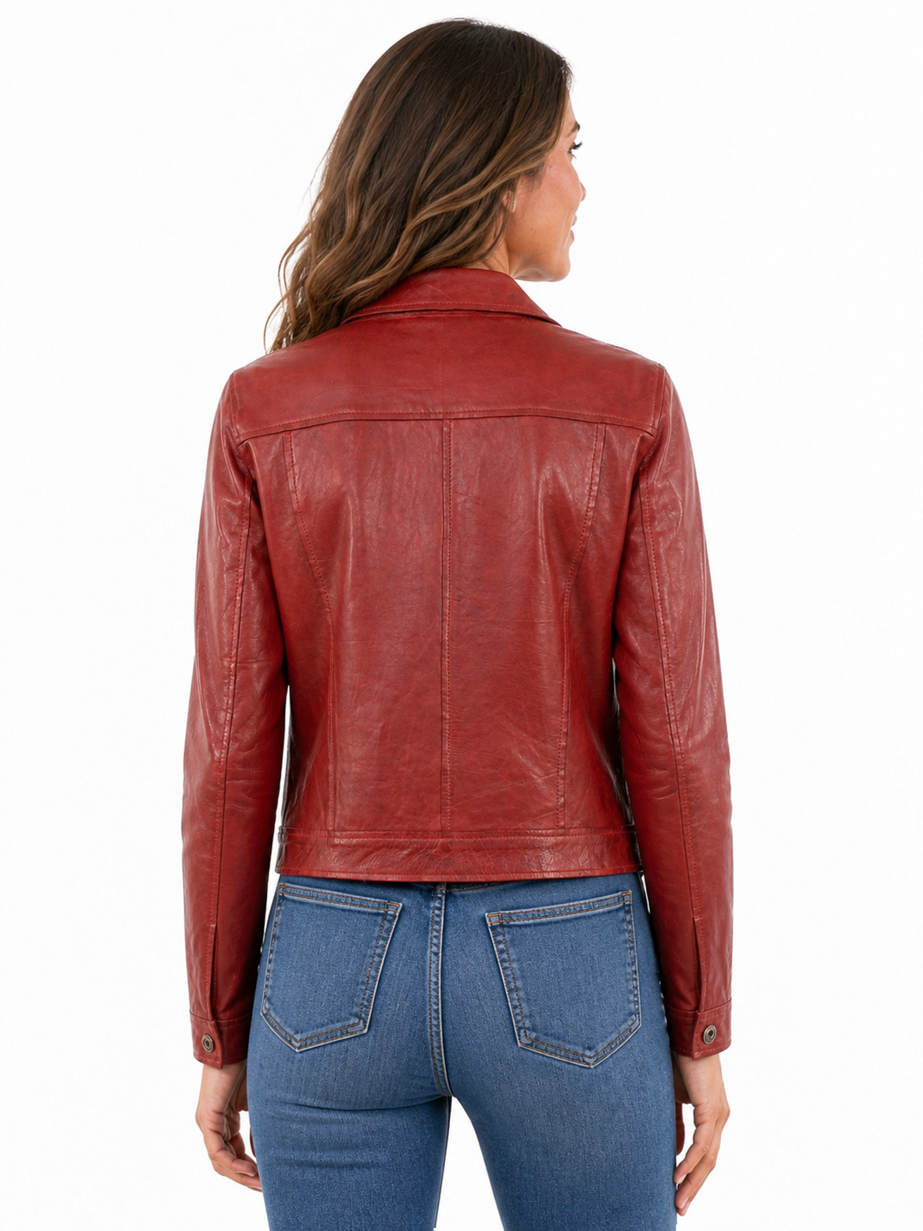 Red Lamb Leather Jean Jacket by Scully, back view