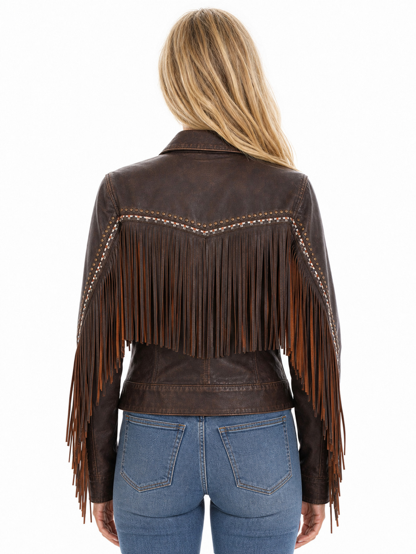 Chocolate Fringe Embroidered Button Front Jacket by Scully, back view