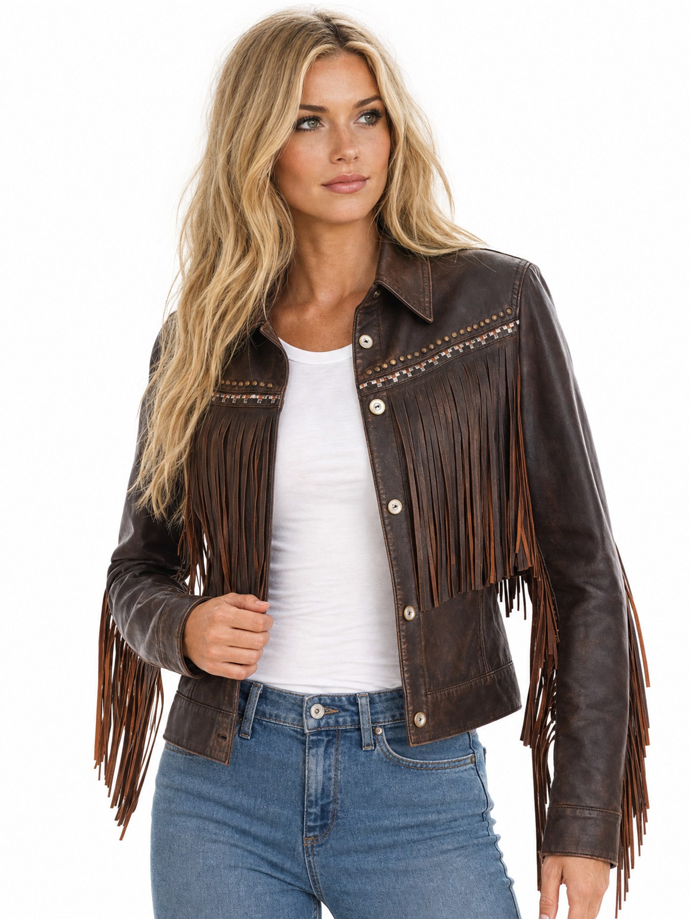 Fringe Embroidered Button Up Jacket, Chocolate