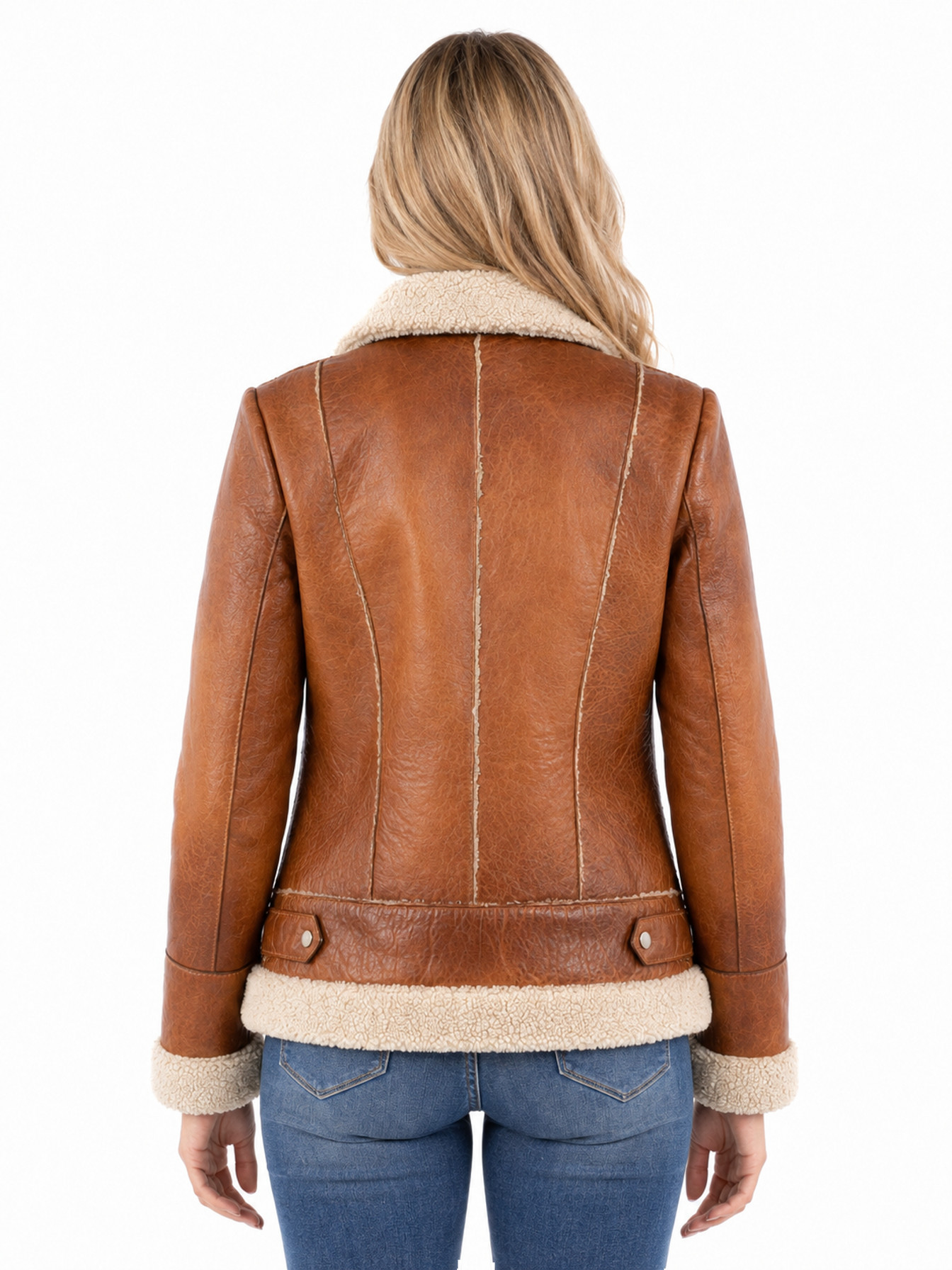 Cognac Lambskin Shearling Trim Jacket by Scully, back view