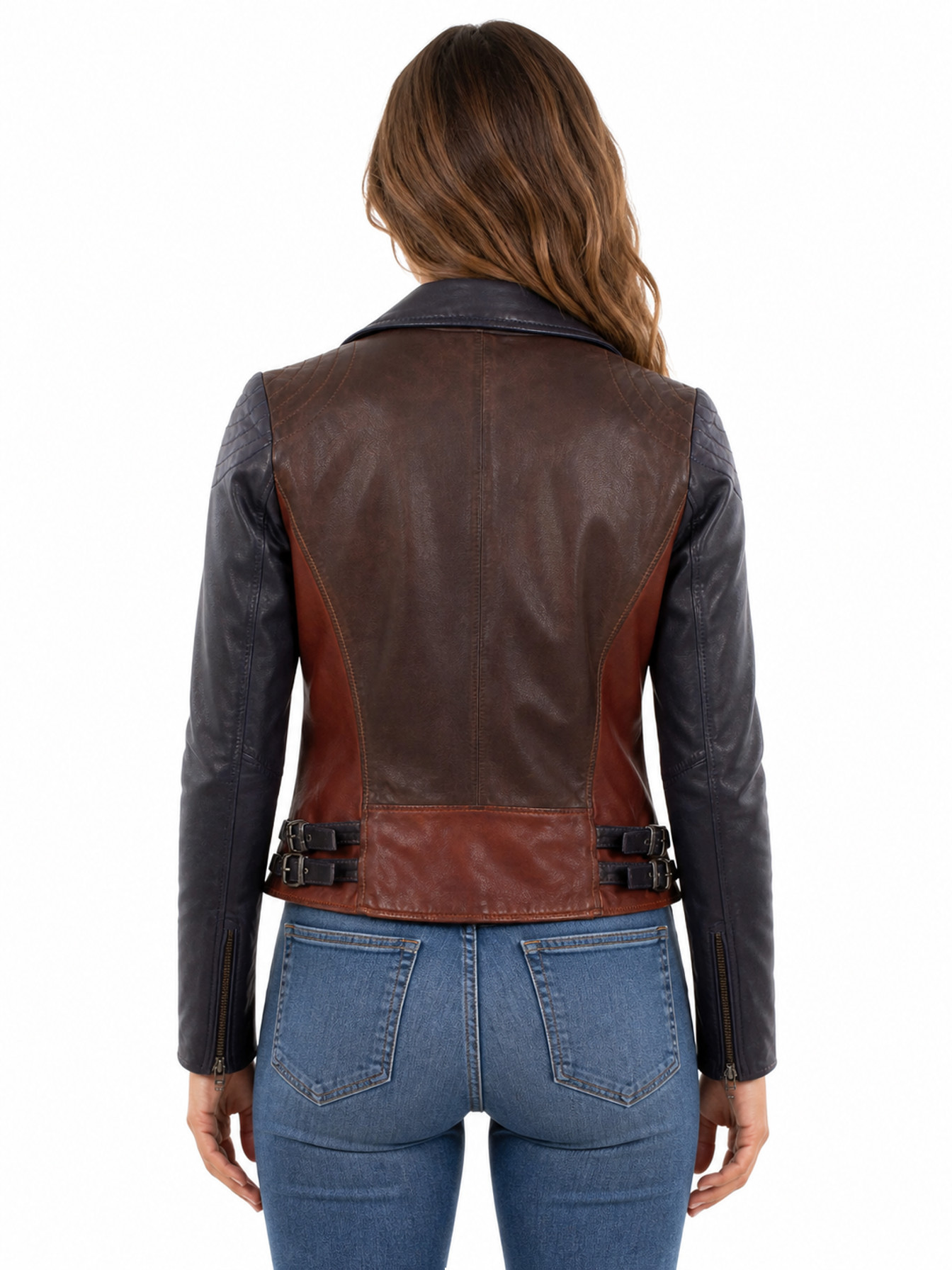 Vintage Brown Lambskin Color Block Moto Jacket by Scully, back view