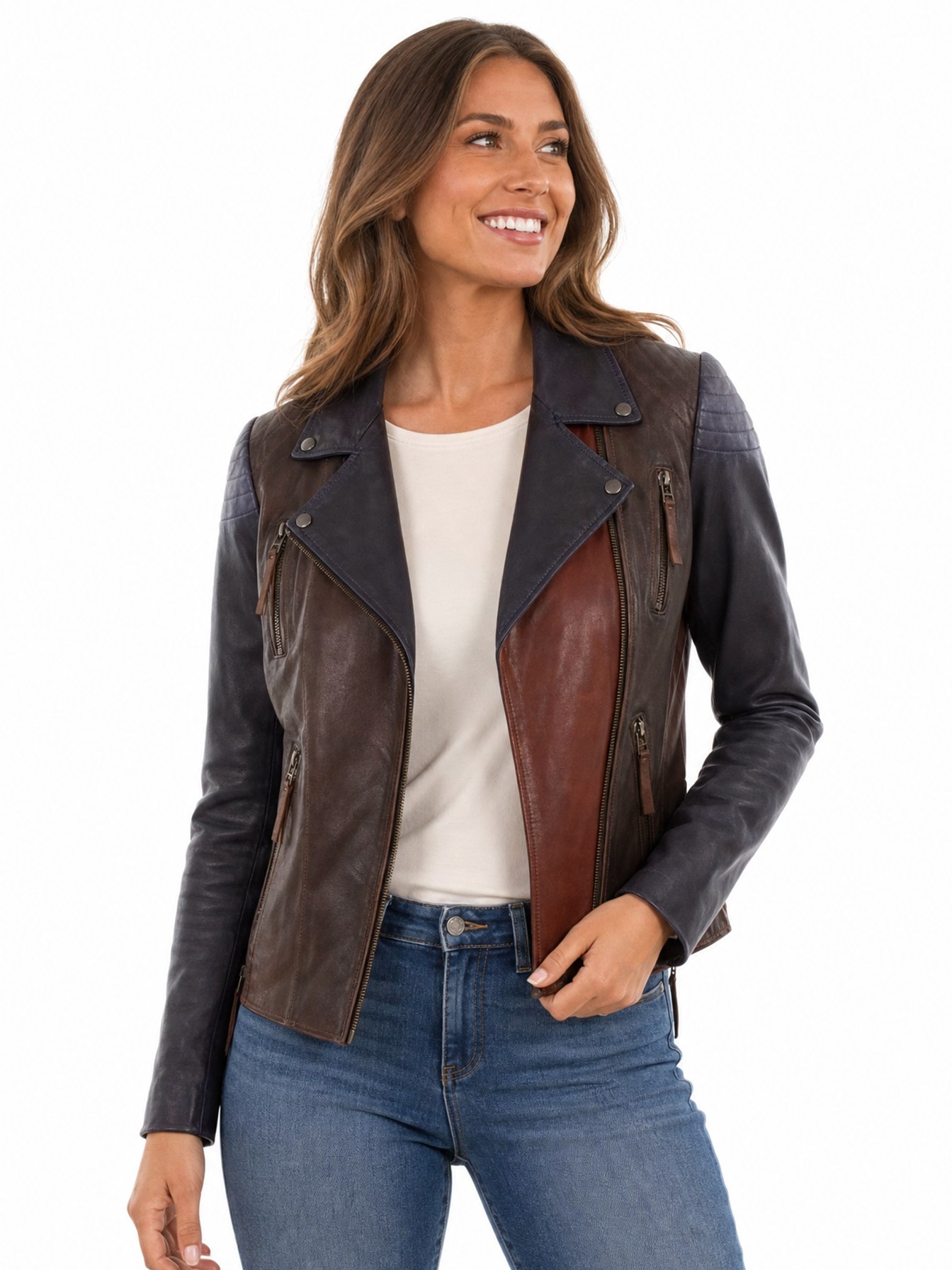 Lambskin Color Block Moto Jacket, Vintage Brown