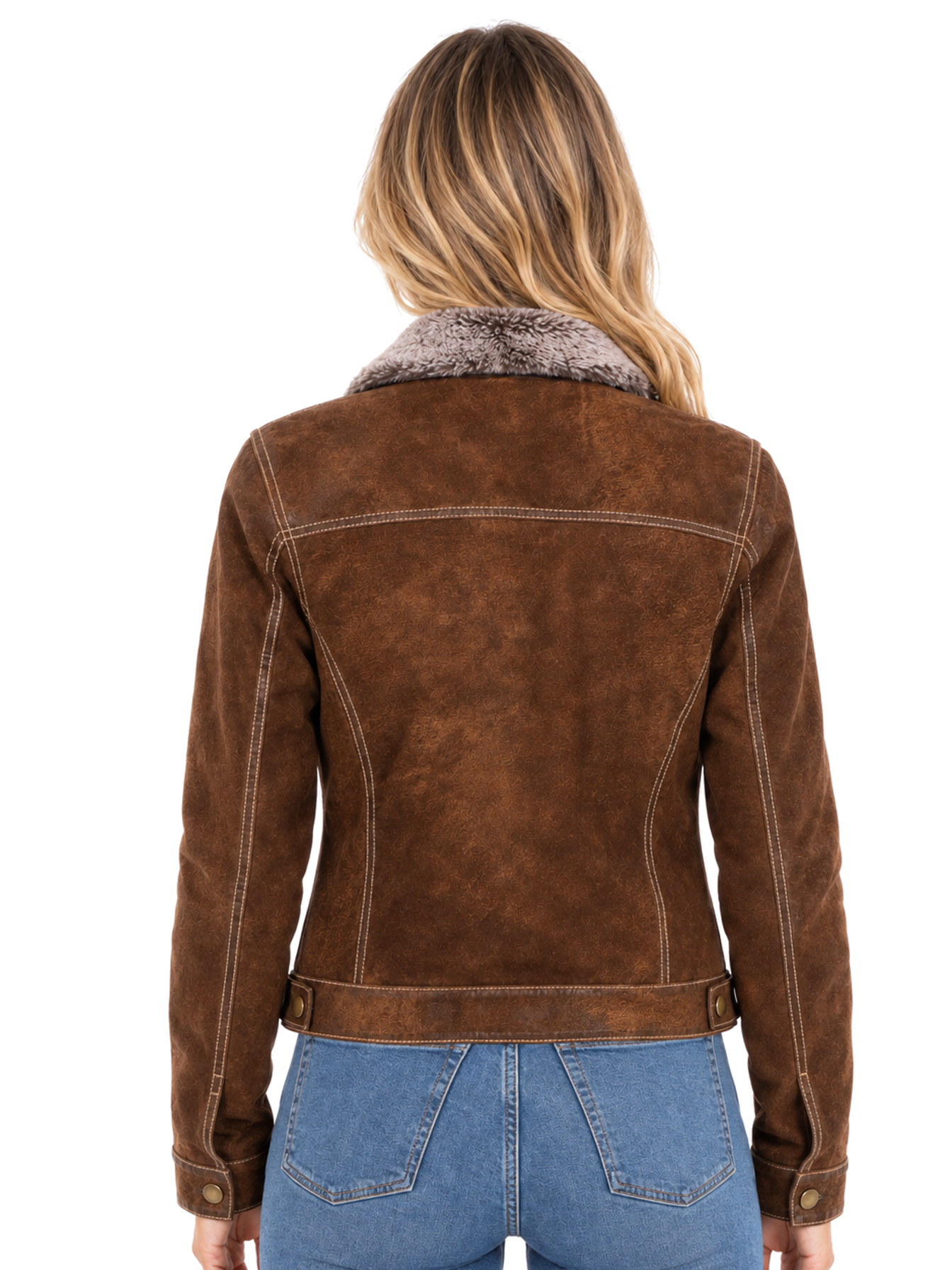 Brown Distressed Suede Jean Jacket by Scully, back view