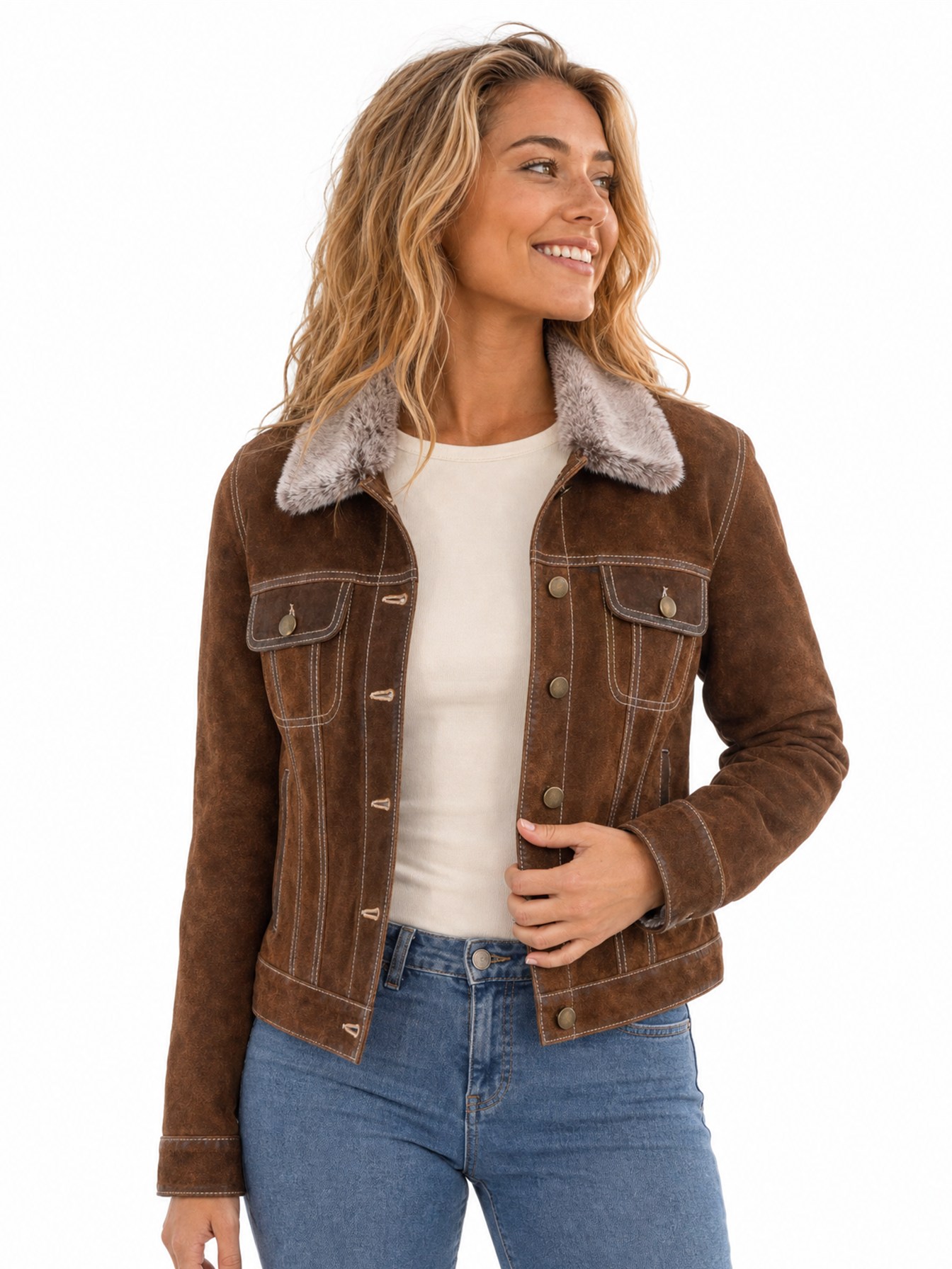Distressed Suede Jean Jacket, Brown