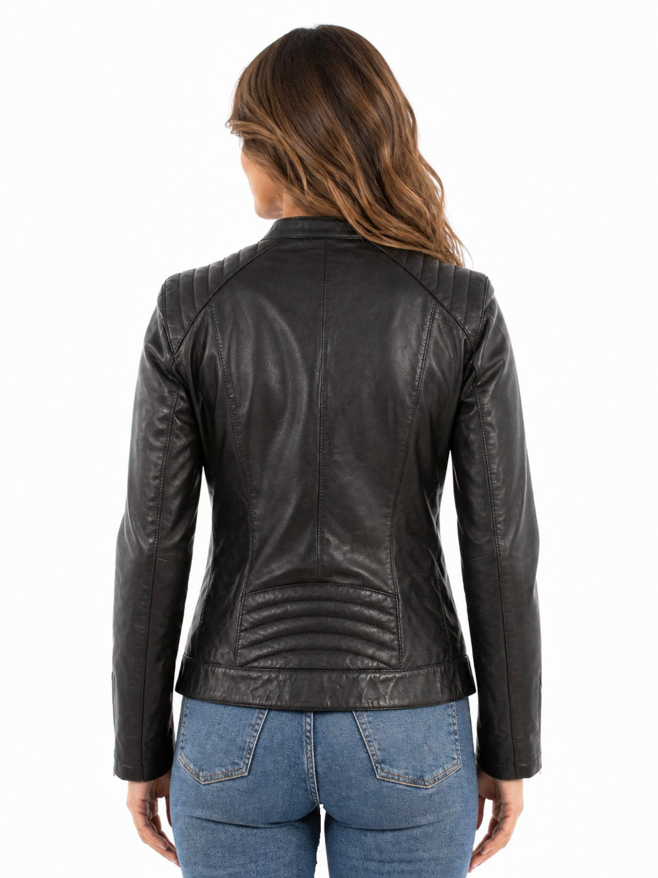 Black Lamb Snap Tab Collar Leather Moto Jacket by Scully, back view