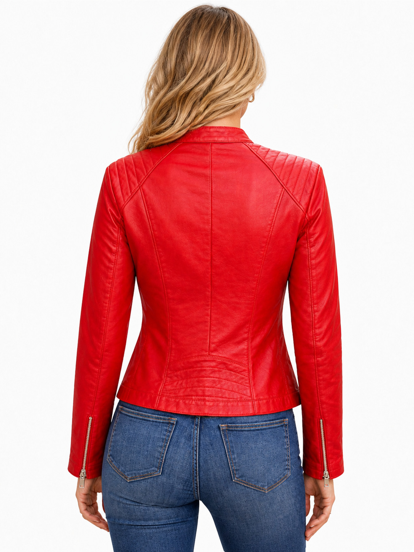 Red Lamb Snap Tab Collar Leather Moto Jacket by Scully, back view