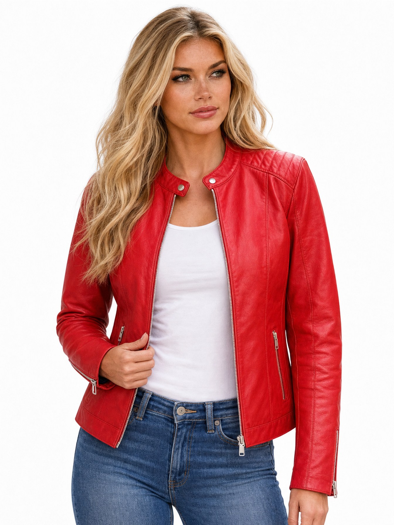 Lambskin Leather Moto Jacket, Red Lamb