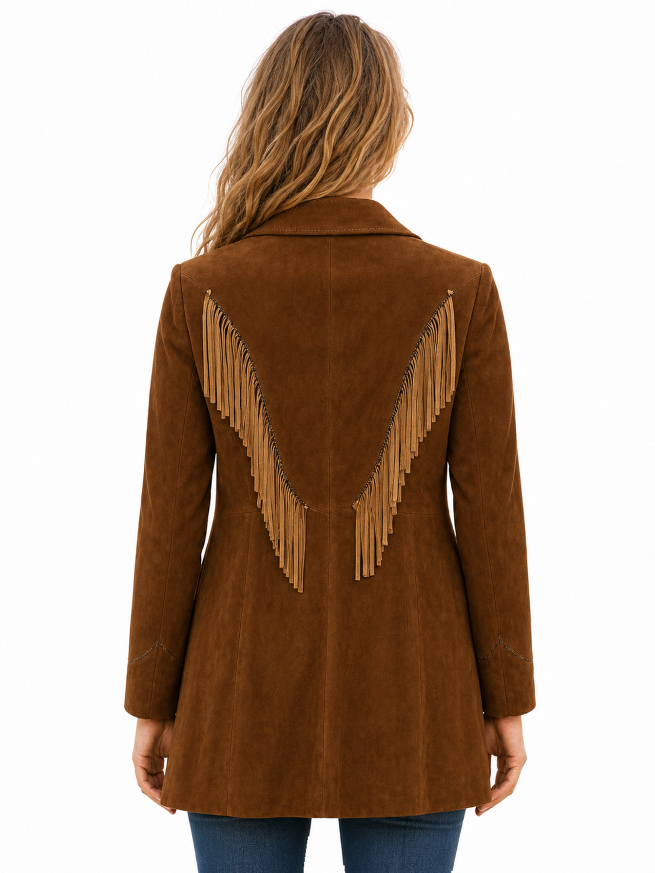 Chocolate Fringe Detail Suede Coat by Scully, back view