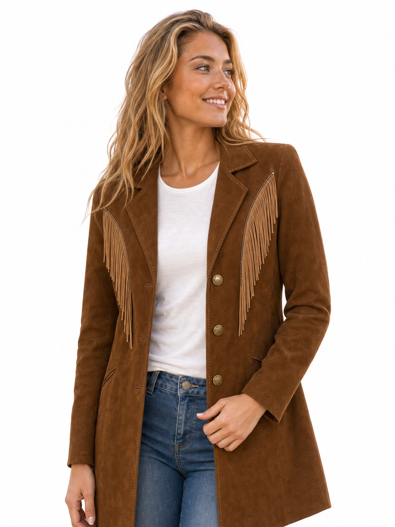 Fringe Detail Suede Coat, Chocolate
