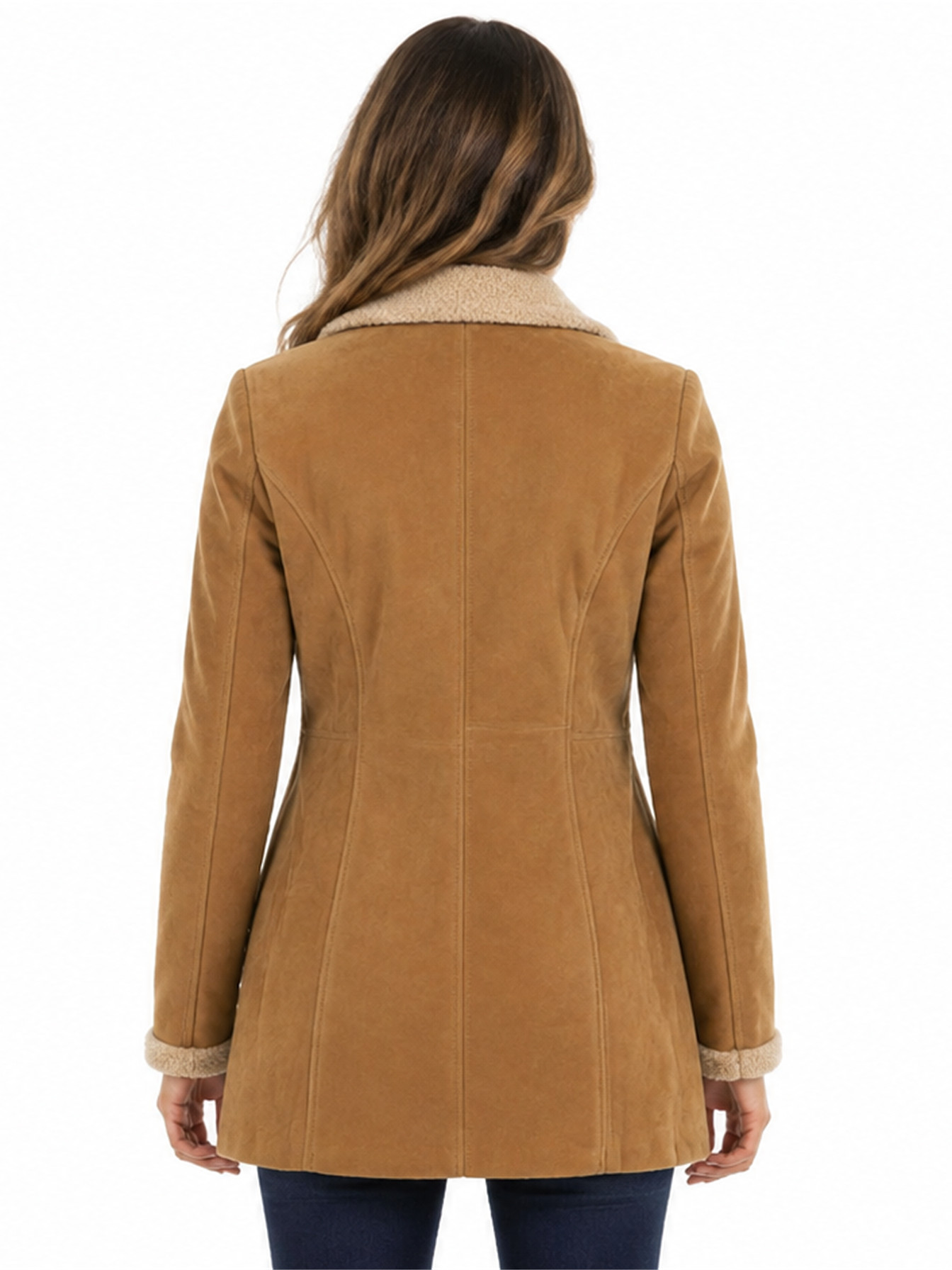 Caramel Suede Shearling-Trim Coat by Scully, back view