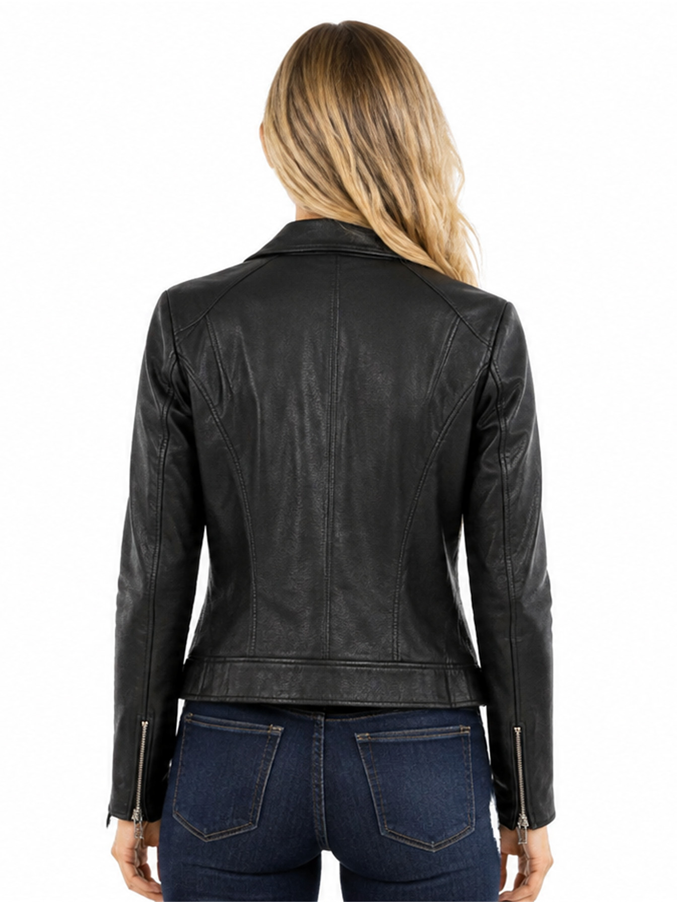 Black Asymmetrical Zip Leather Jacket by Scully, back view