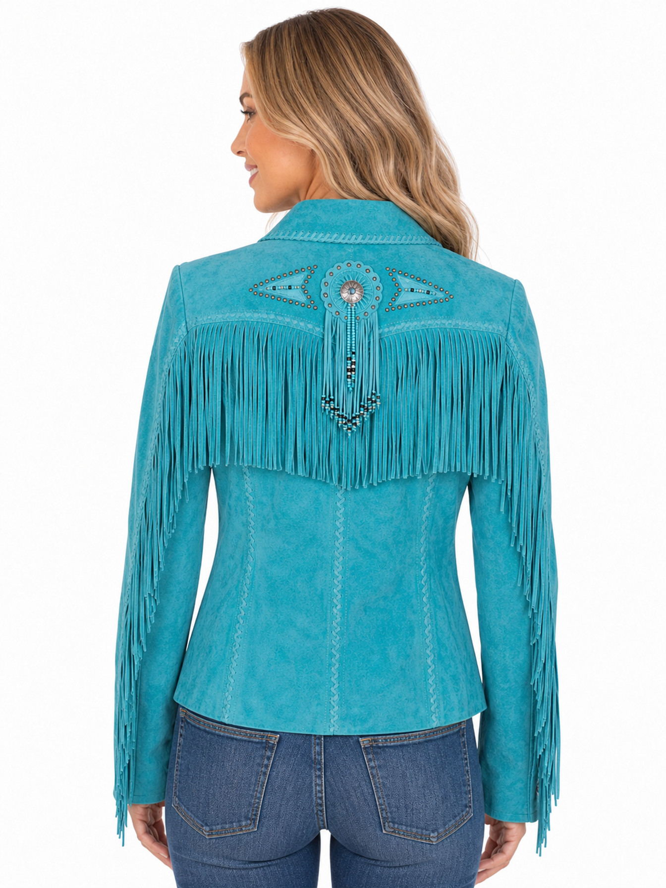 Turquoise Suede Fringe and Beaded Jacket by Scully, back view