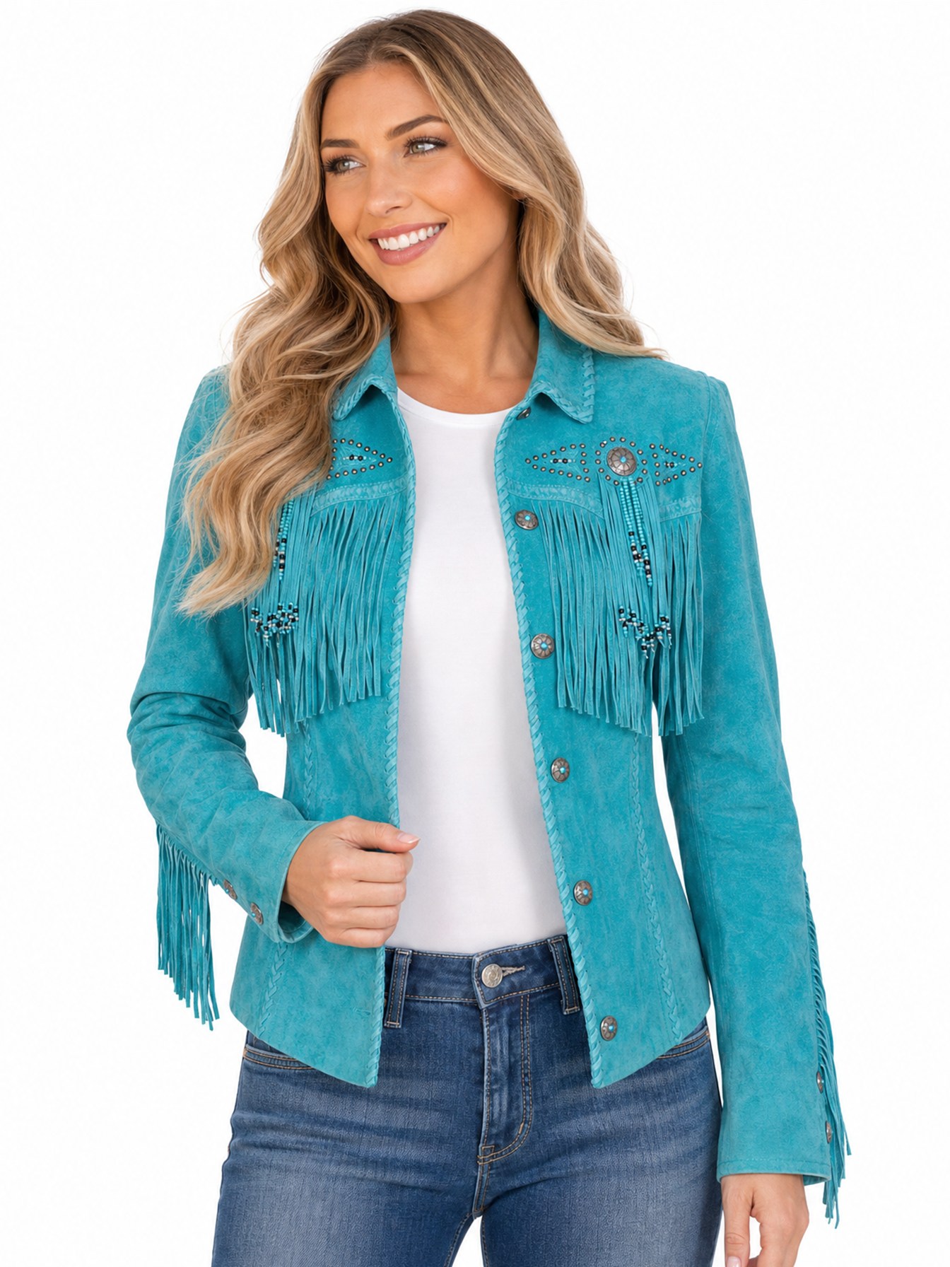 Fringe And Beaded Jacket, Turquoise