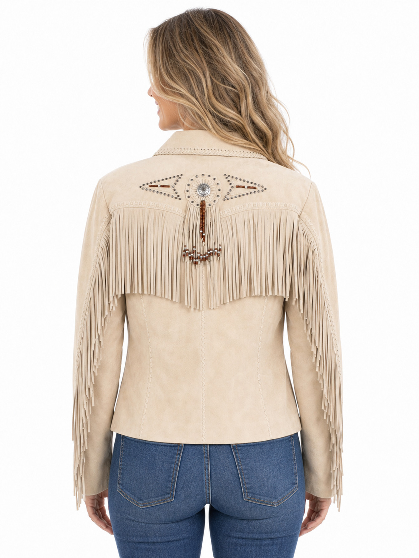 Sand Suede Fringe and Beaded Jacket by Scully, back view
