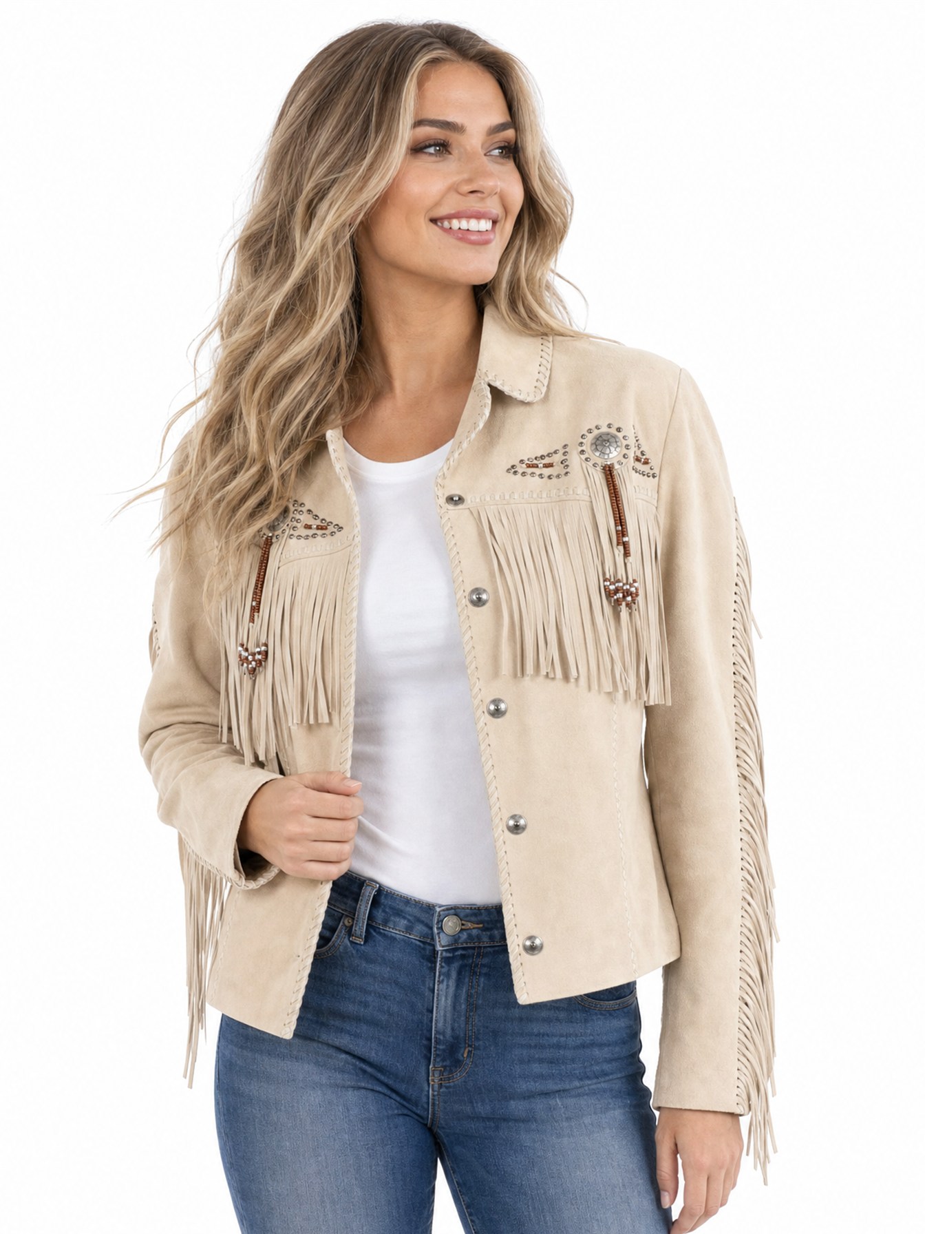 Fringe And Beaded Jacket, Sand