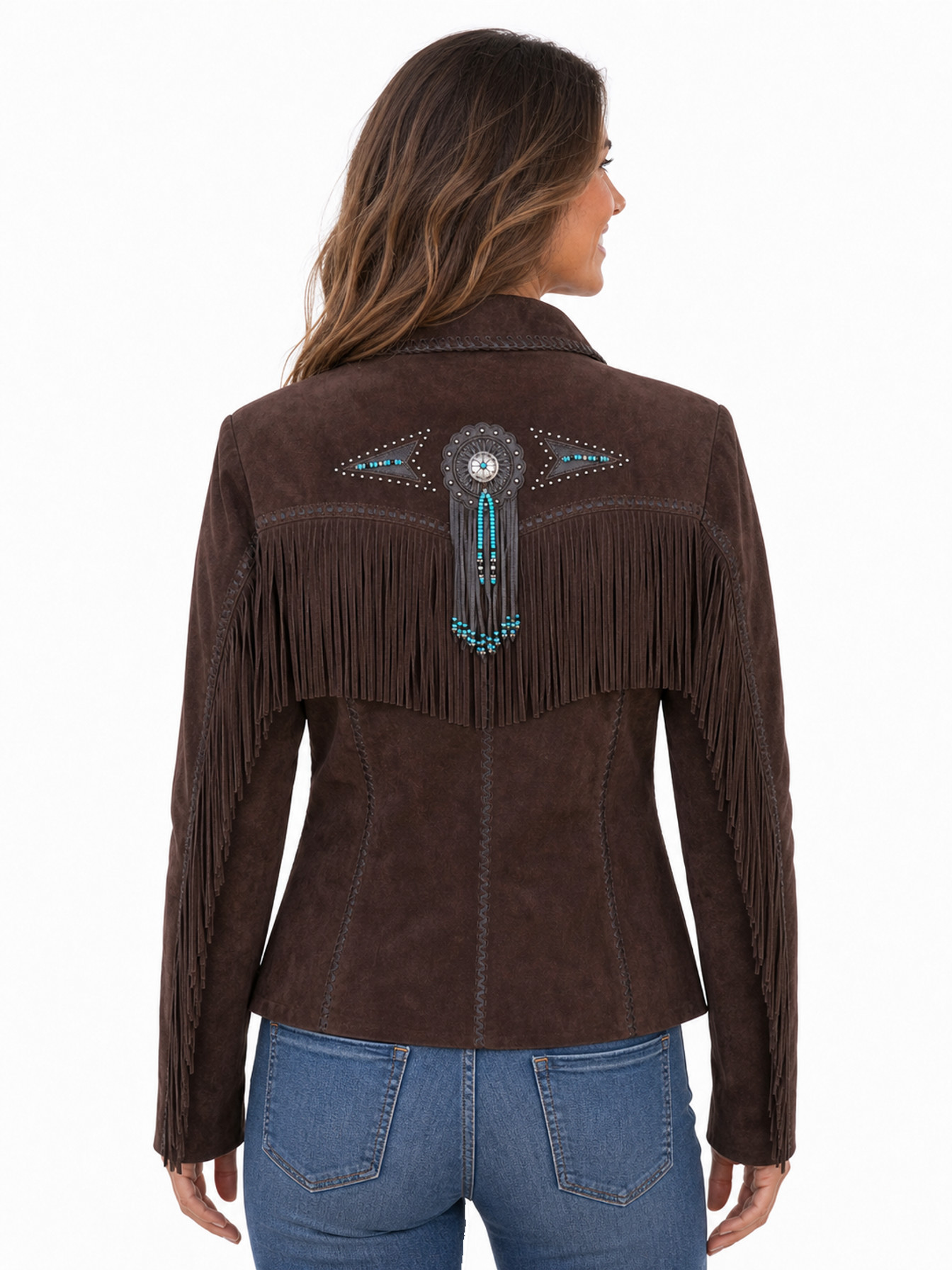 Chocolate Suede Fringe and Beaded Jacket by Scully, back view