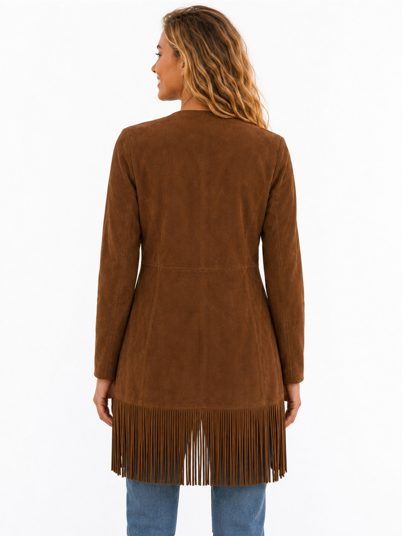 Cinnamon Suede Fringe Maxi Coat by Scully, back view