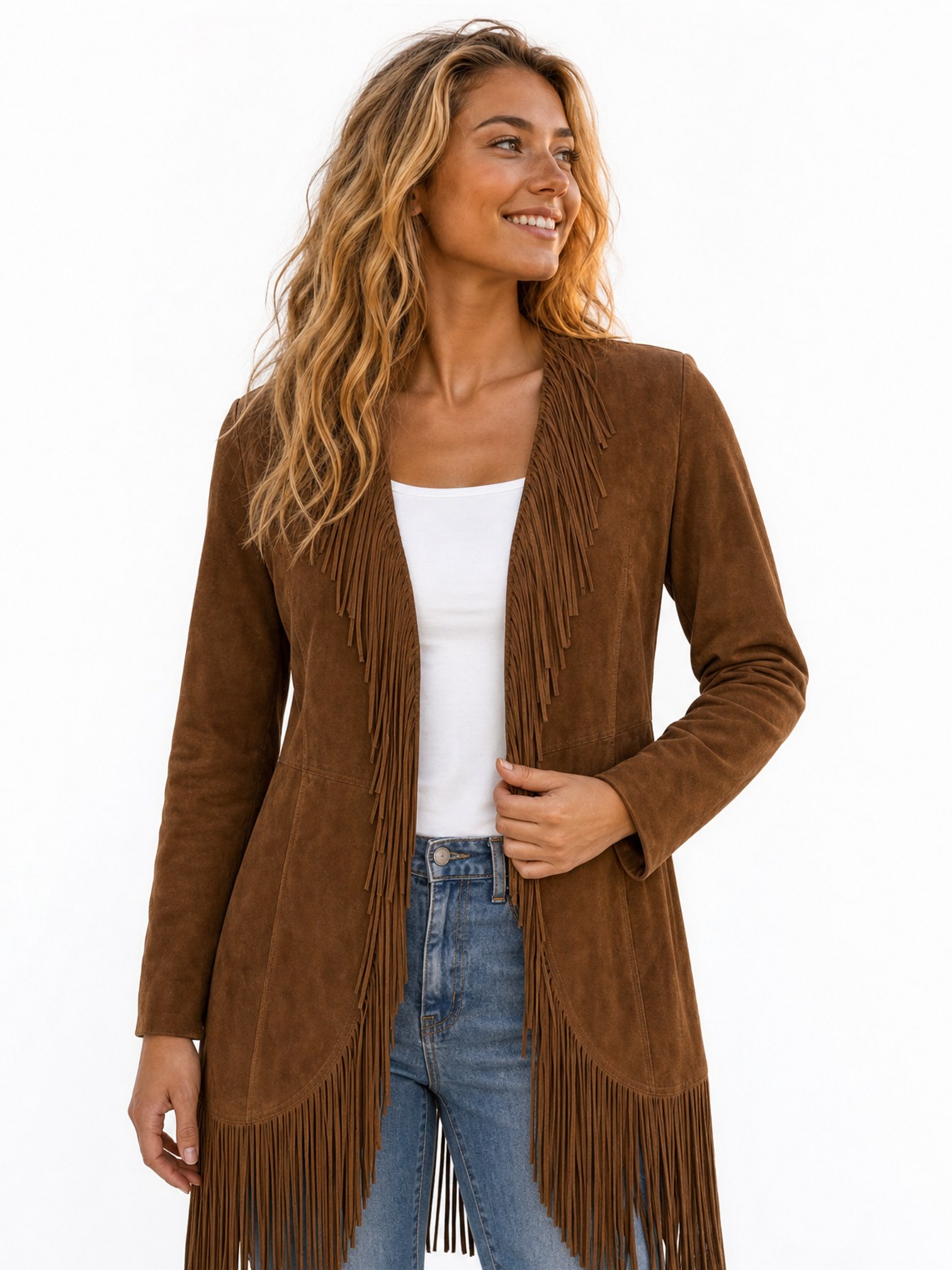 Suede Fringe Maxi Coat, Cinnamon